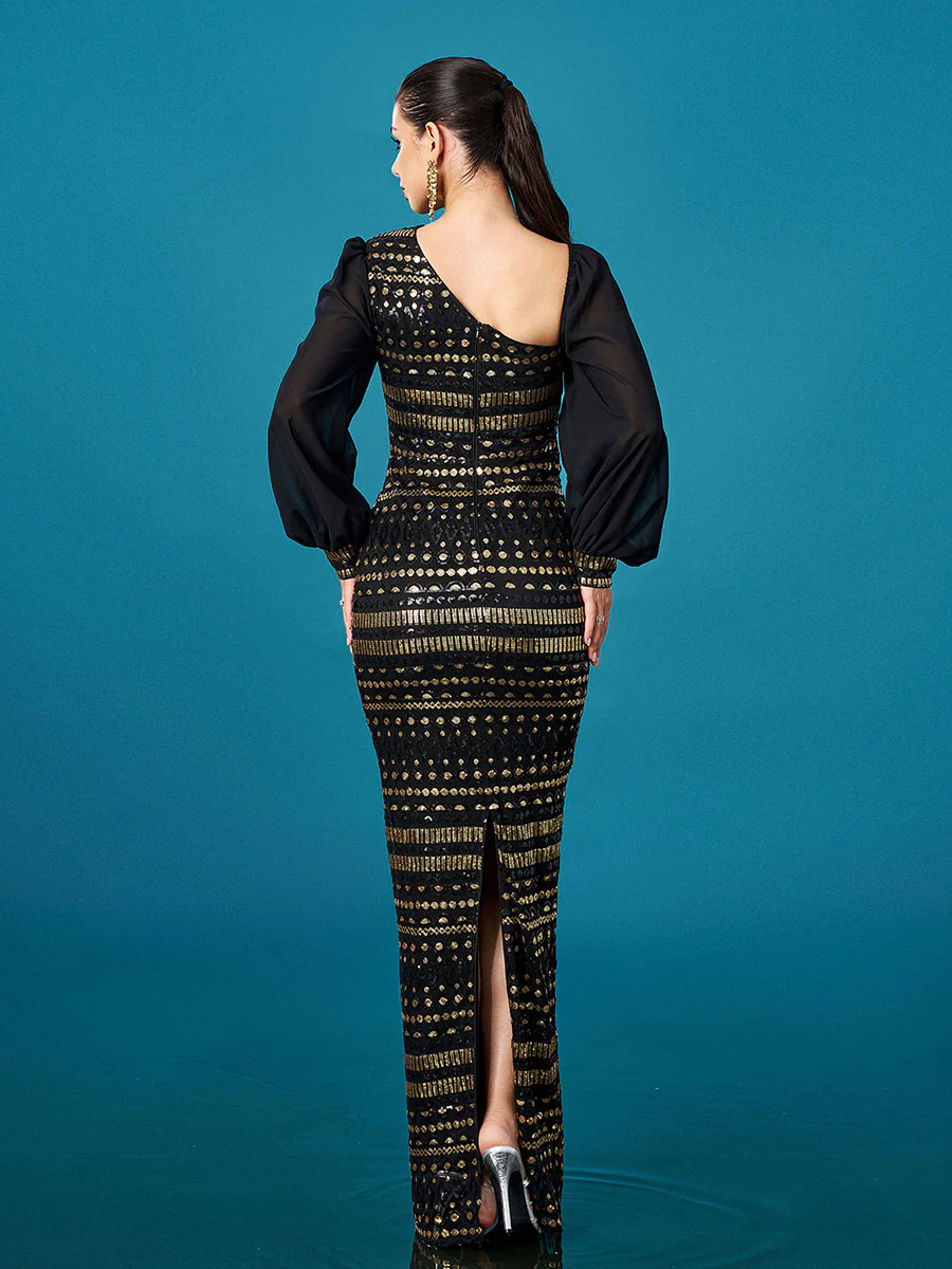 Black Long Sleeve Cutout Sheath Sequin Dress RJ12093