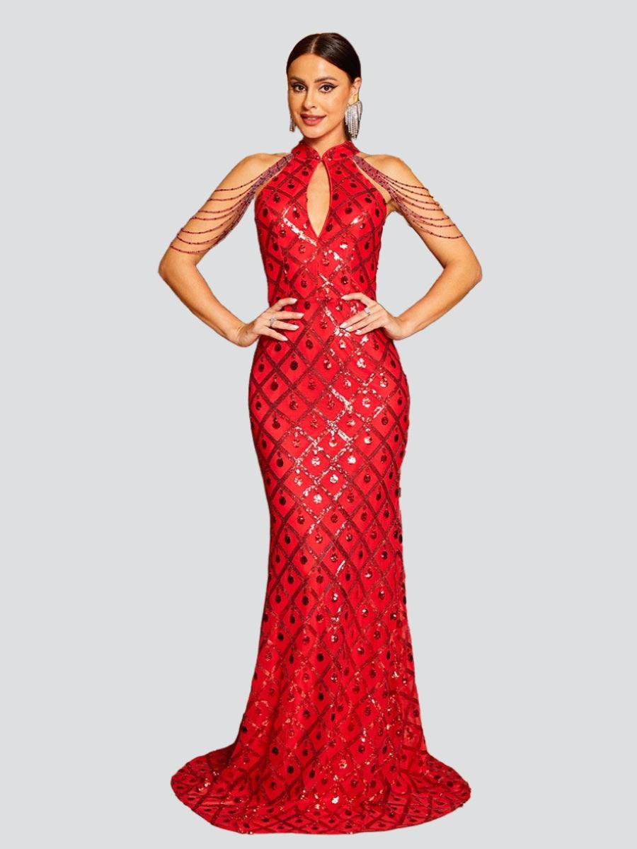 Stand Collar Sequin Red Mermaid Evening Dress RJ11321