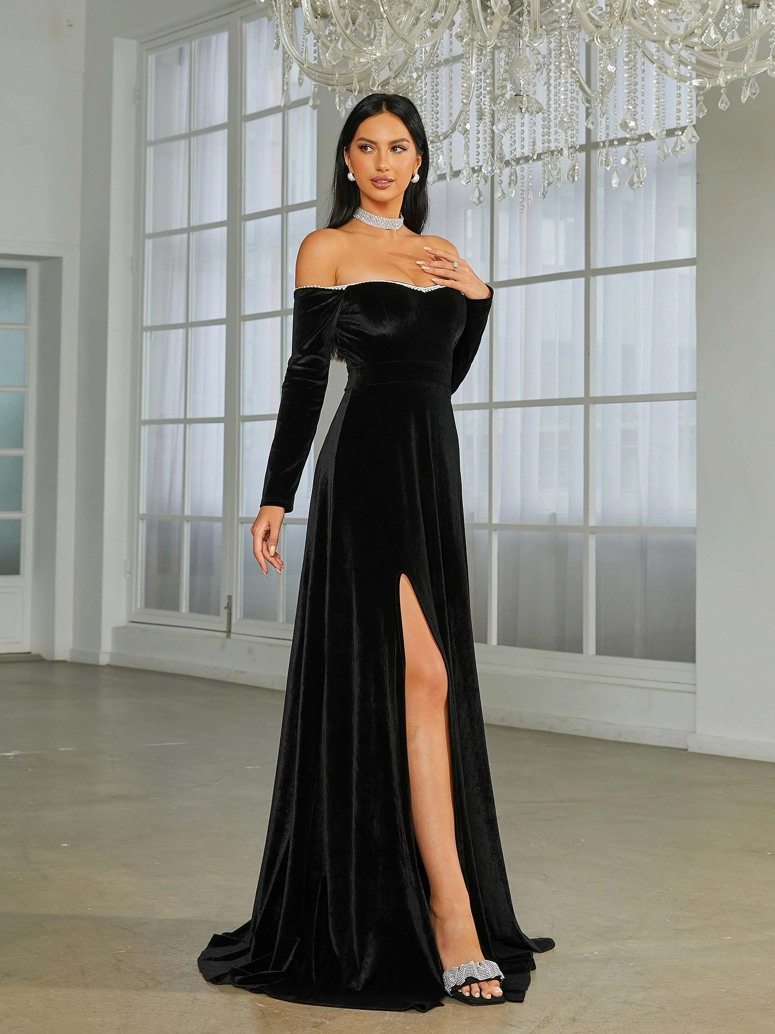 Off Shoulder Split Black Velvet Evening Dress XJ1946