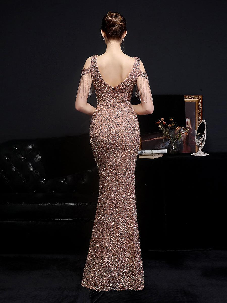 Fringed Cold Shoulder Sequin Cocktail Dress MCW1134