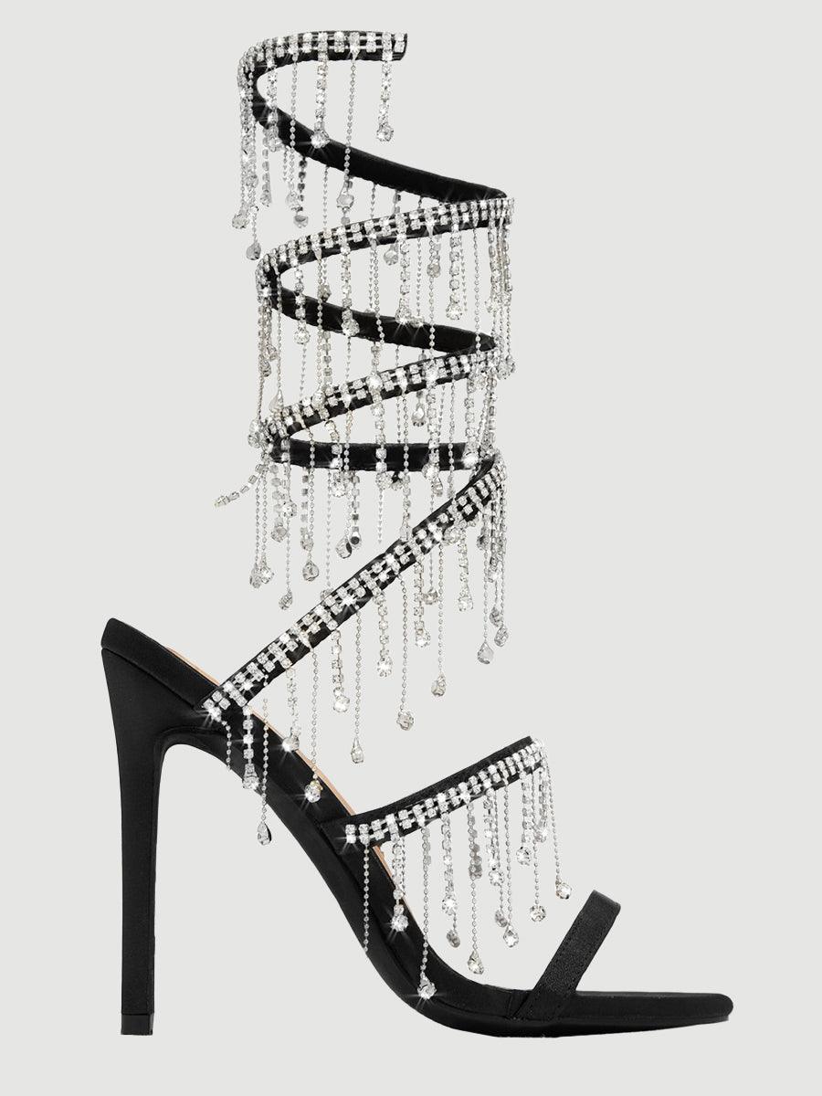 Rhinestone Studded Tassel Wrap High Heels MHE1079