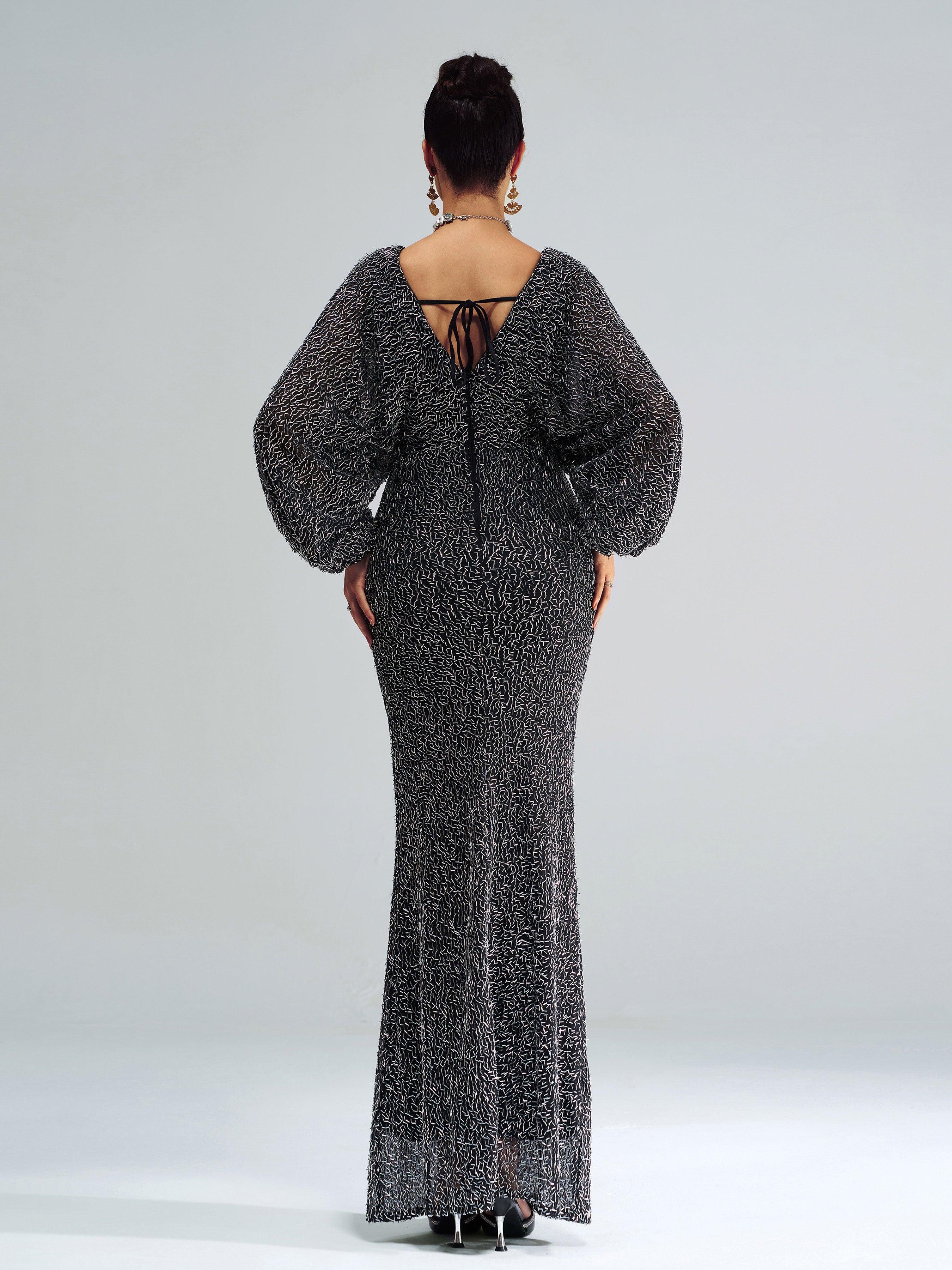 V-Neck Backless Split Sequin Maxi Dress ME00306
