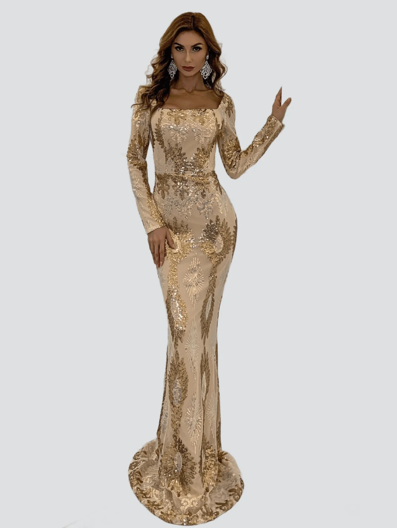 Square Neck Geo Sequin Golden Dress M0870