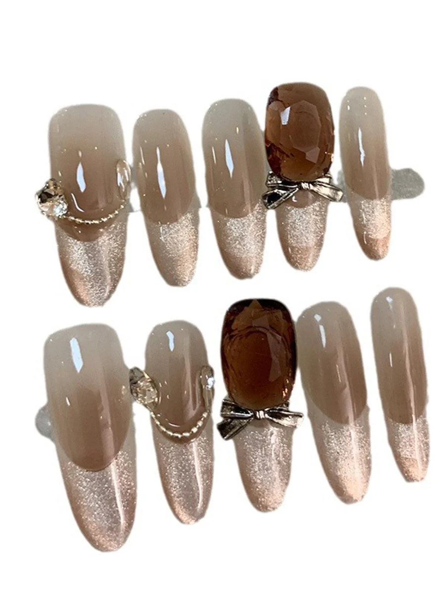 Bow Diamond Glitter Brown Press On Nails LF377