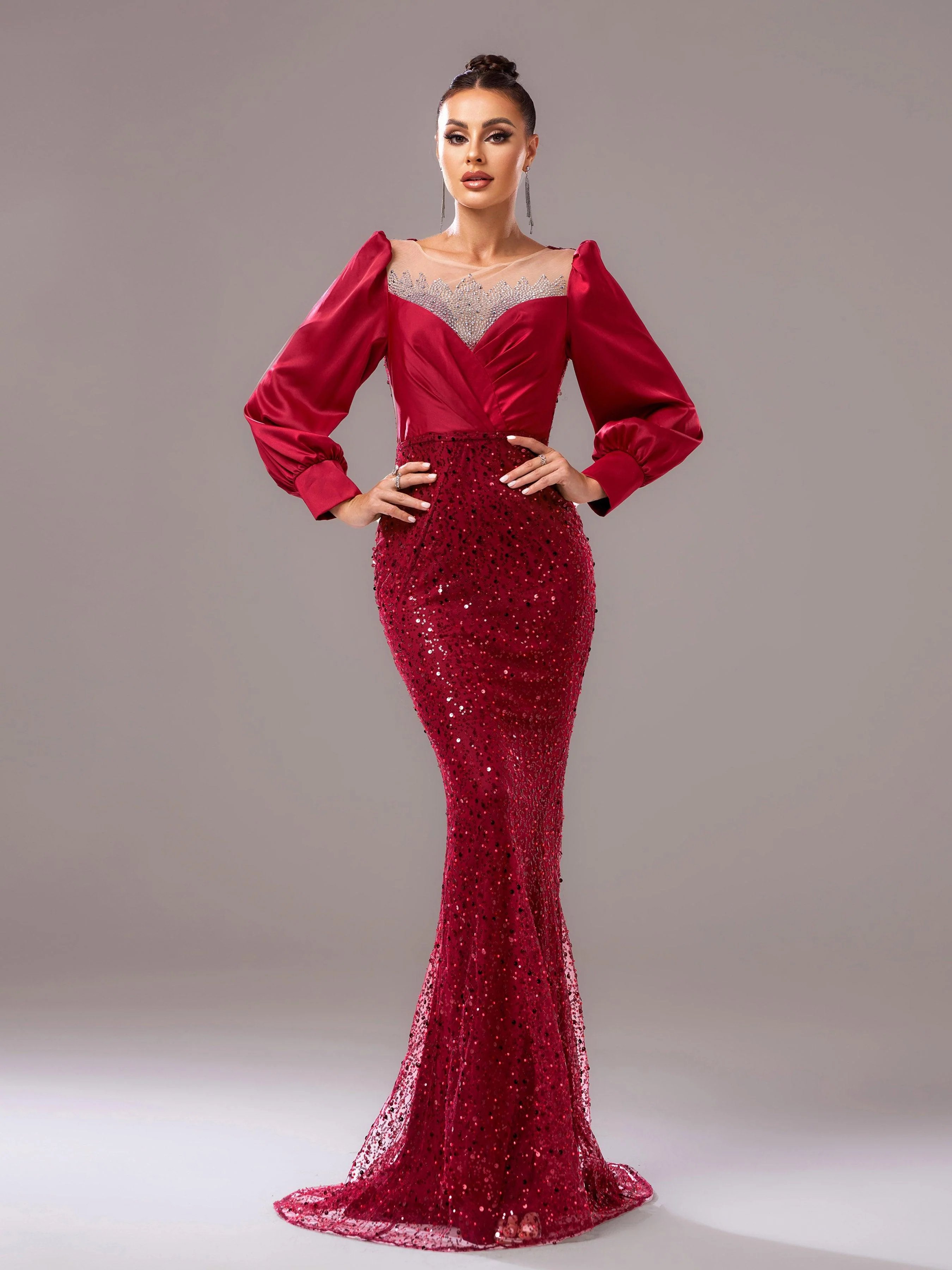 Red Panel Sequin Long Sleeve Mermaid Evening Dress RJ11967