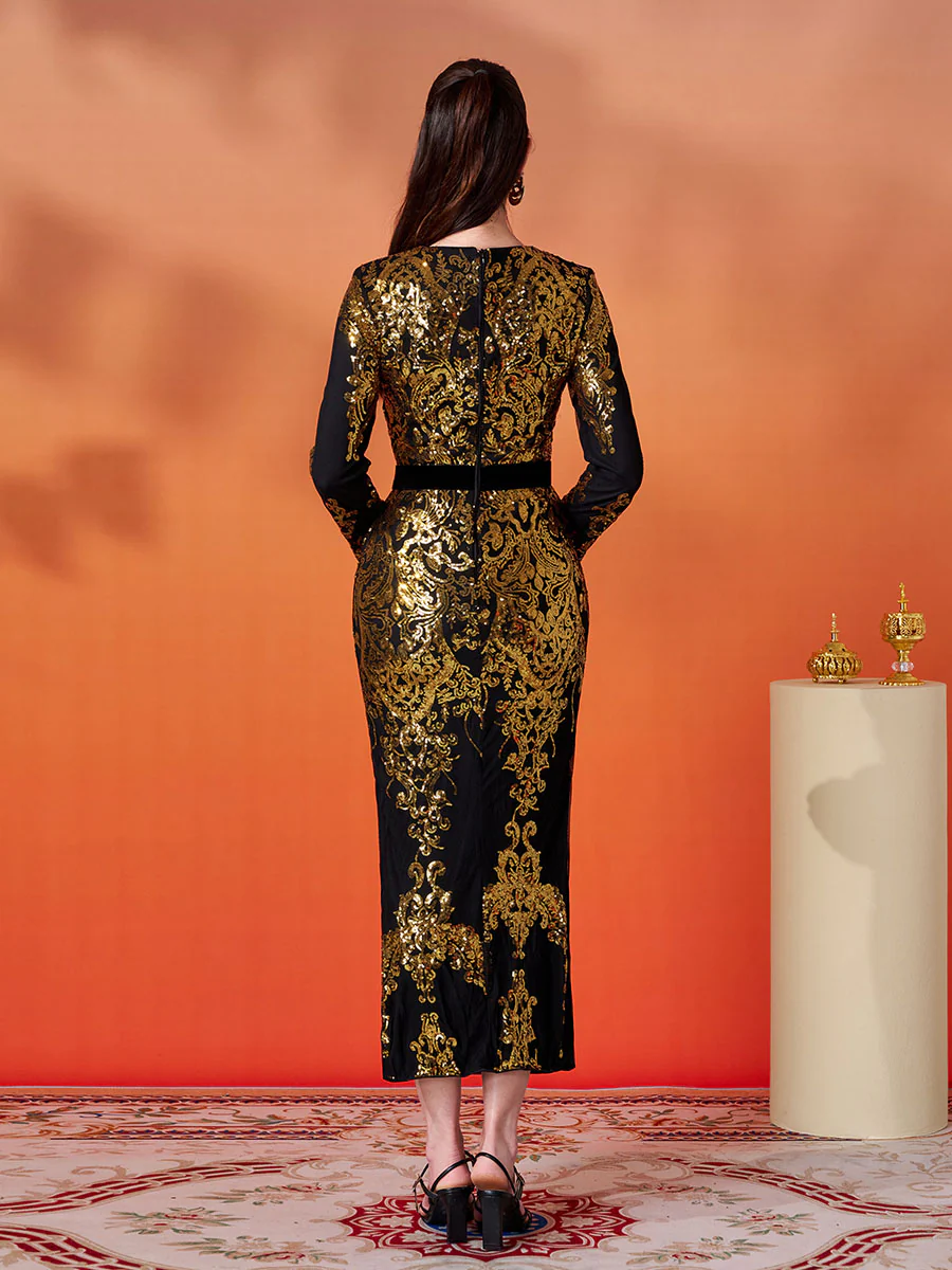 Contrast High Waist Sequin Formal Dress MES00431