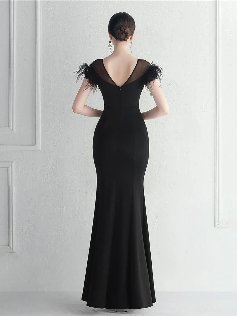 Mesh Panel Rhinestone Feather Cocktail Dress MCW1137
