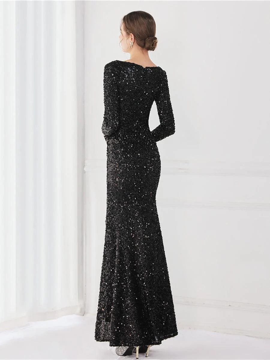 Long Sleeve Solid V-neck Sequin Prom Dress MCW1133