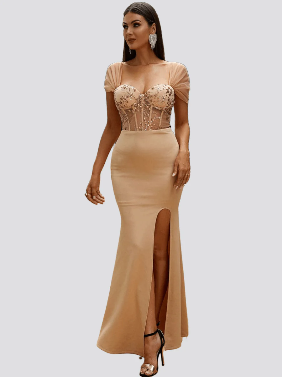 Missord Cap Sleeve Mesh Prom Dress XH1659