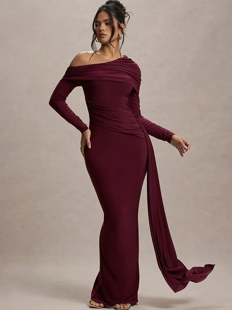 Slash Neck Ribbon Ruched Solid Prom Dress MYC2024