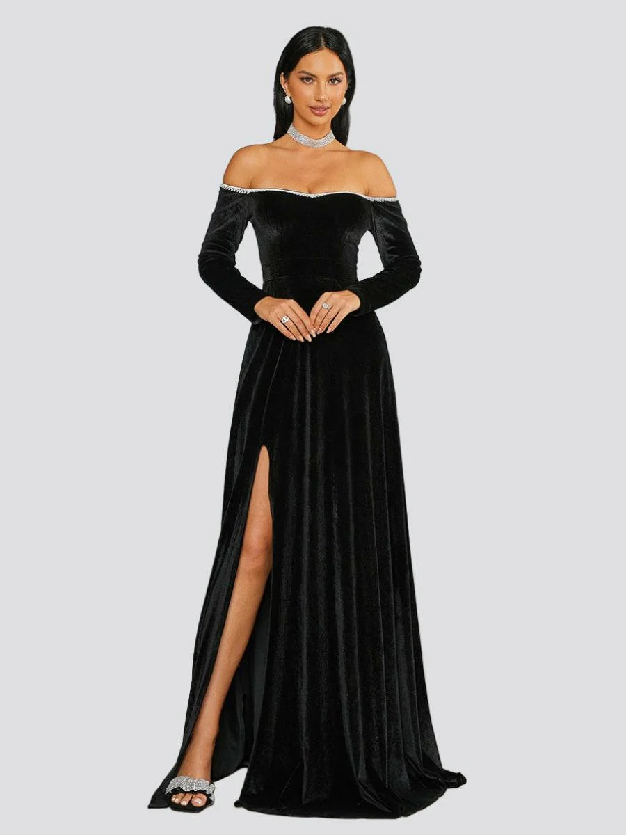 Off Shoulder Split Black Velvet Evening Dress XJ1946