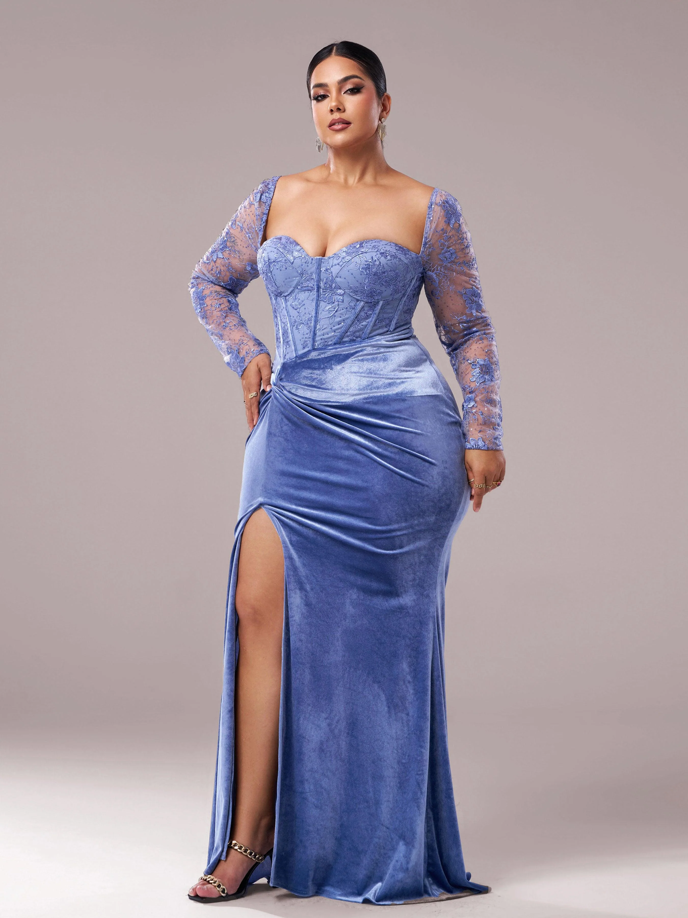 Plus Blue Corset Embroidered Split Prom Dress PRX70249