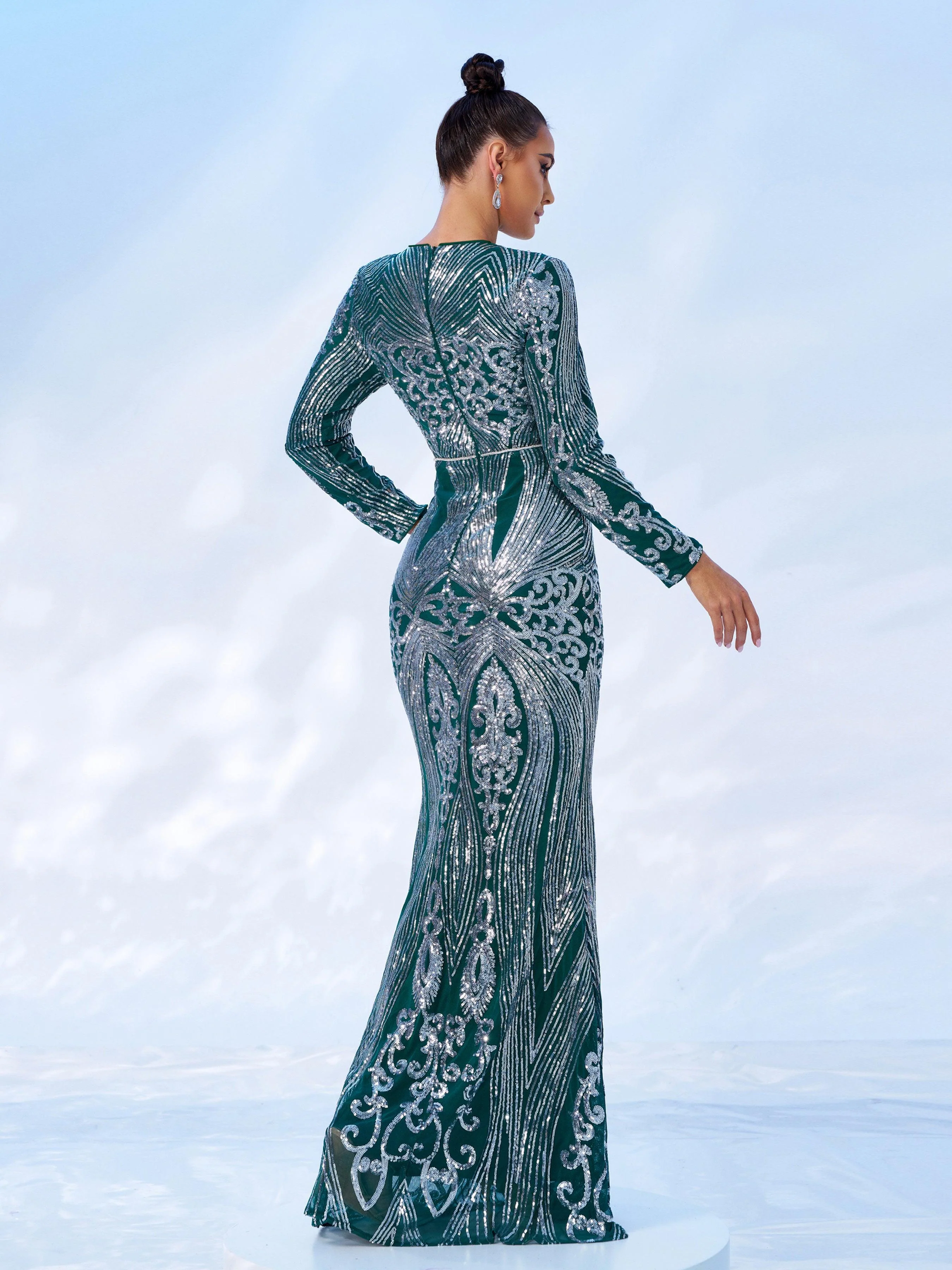Green Geometric Sequin Long Sleeve Dress MES00629