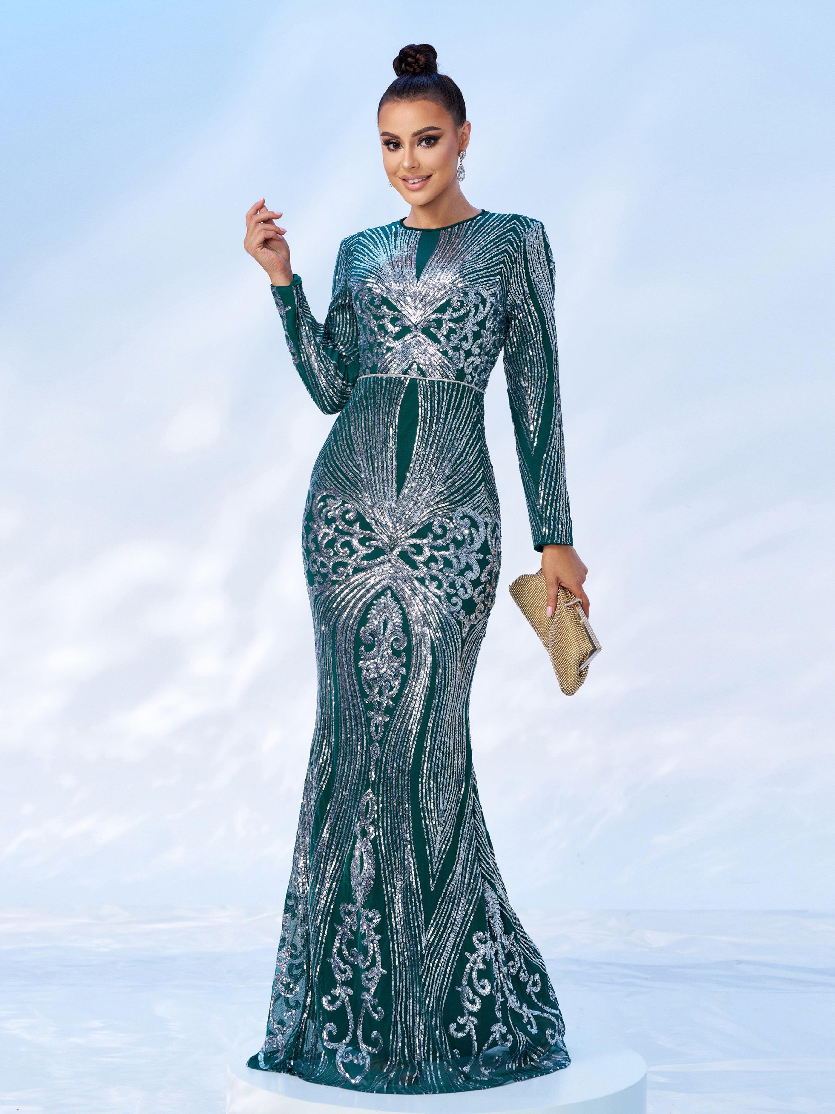 Green Geometric Sequin Long Sleeve Dress MES00629