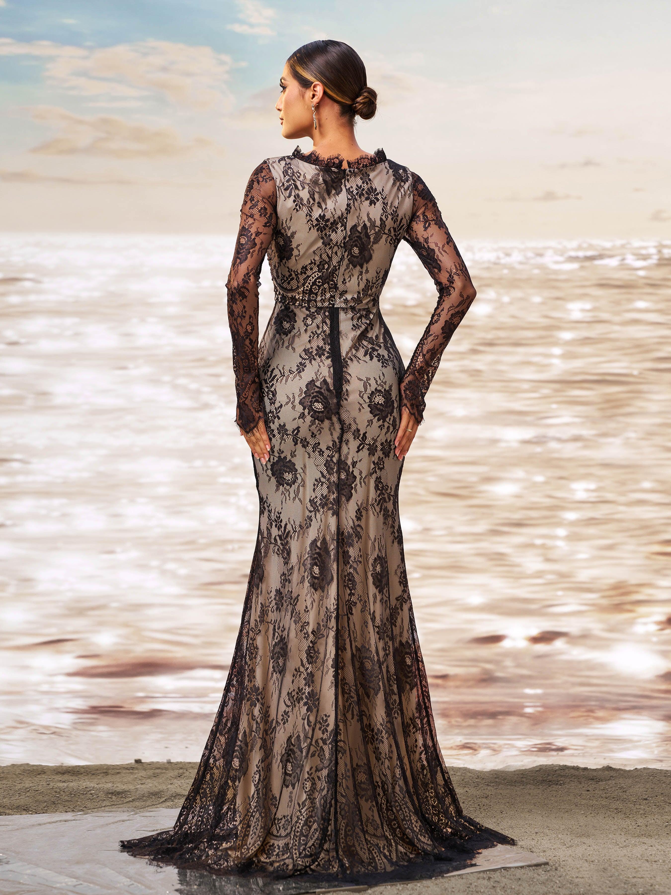 Romantic Floral Lace Long Sleeve Formal Dress RJ12063