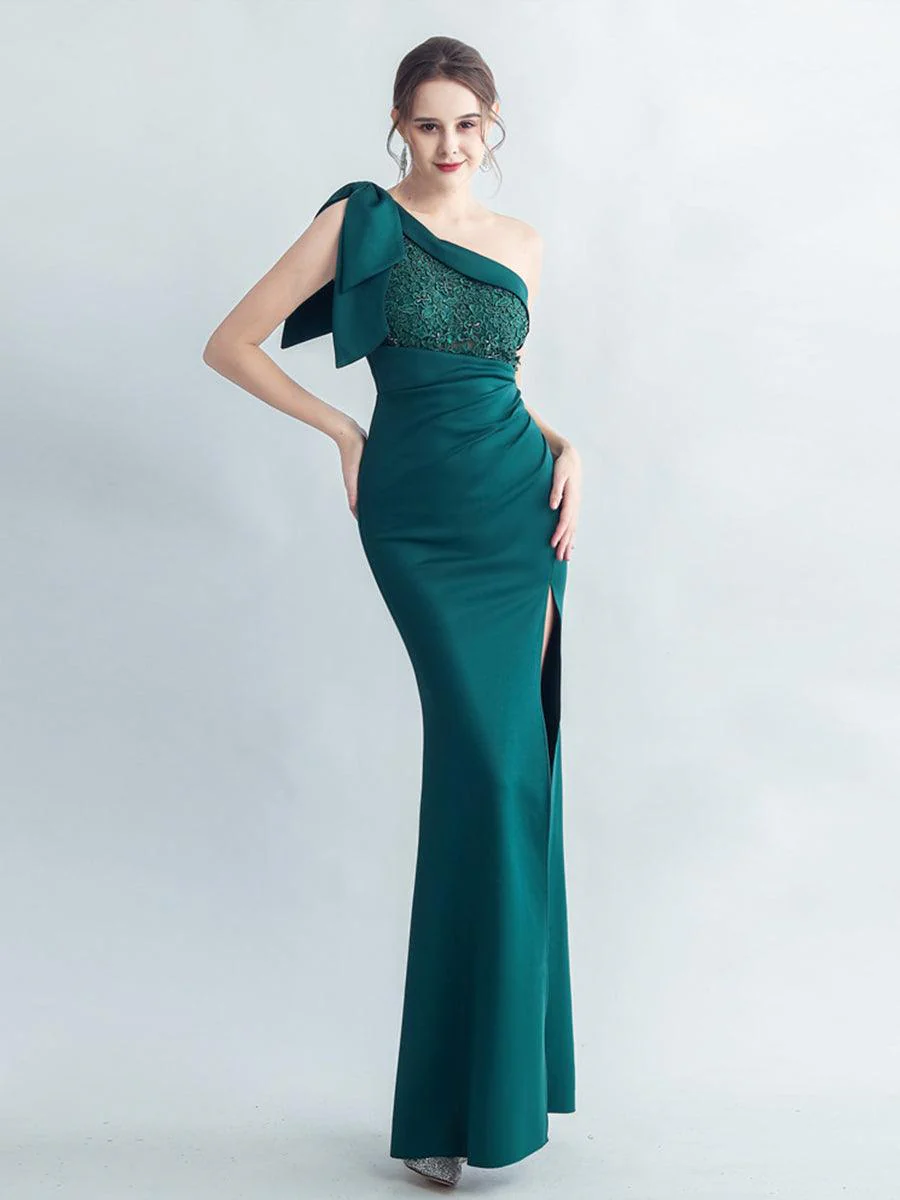 One Shoulder Panel Lace Split Prom Dress MYC2005