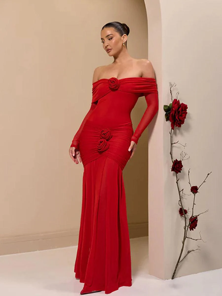 Off Shoulder Floral Flounce Prom Dress MYC2028