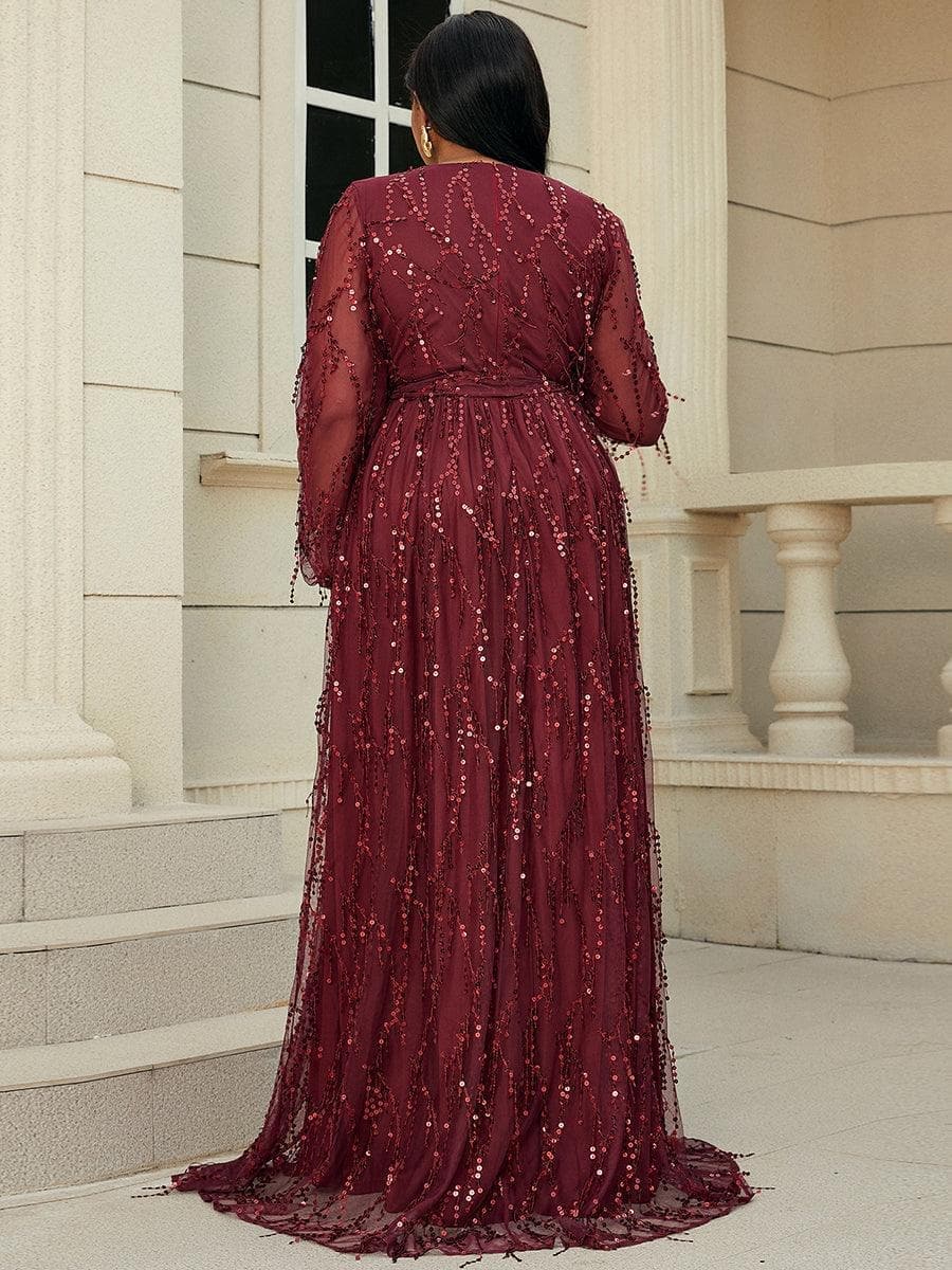 Plus V Neck Red Sequin Mesh Maxi Dress P0376
