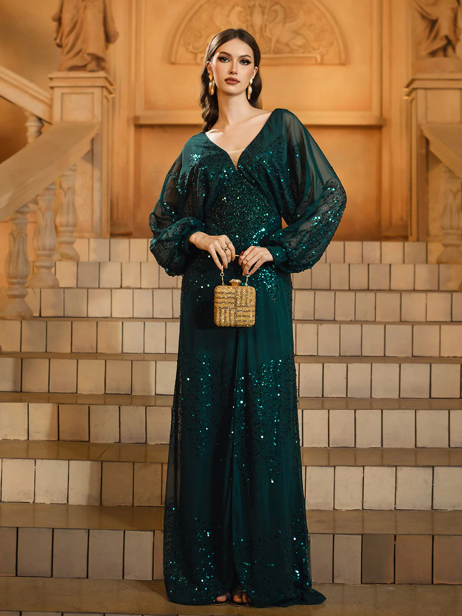 Lantern Sleeve V-Neck High Split Black Prom Dress RM21107