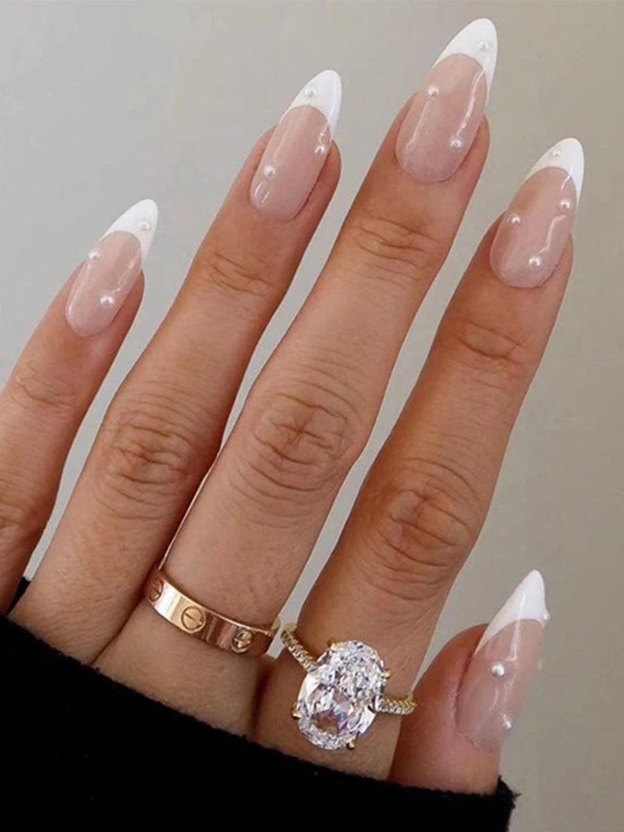 French Pearl White Almond Press On Nails LF374