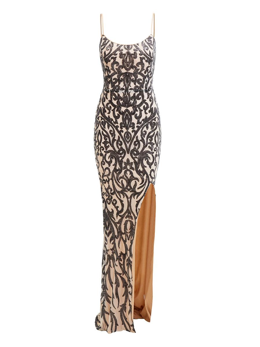 Spaghetti Black Split Maxi Sequin Dress M0761