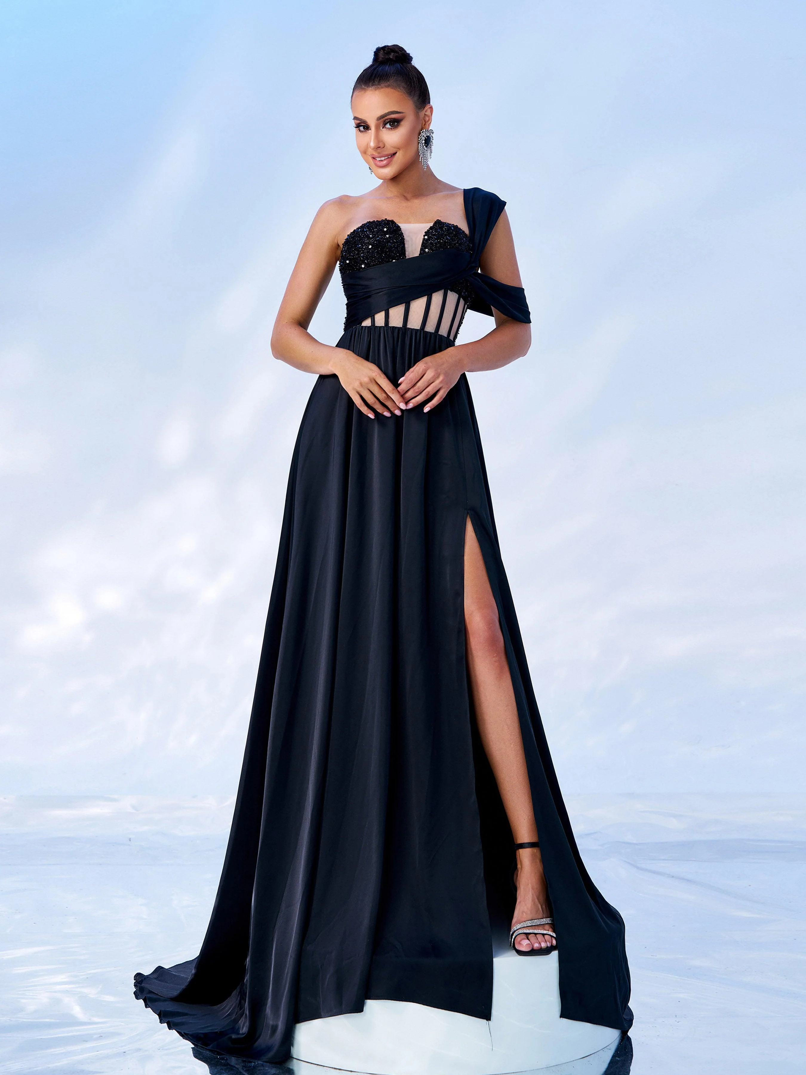 Black One Shoulder Corset Backless Evening dress RJ2004