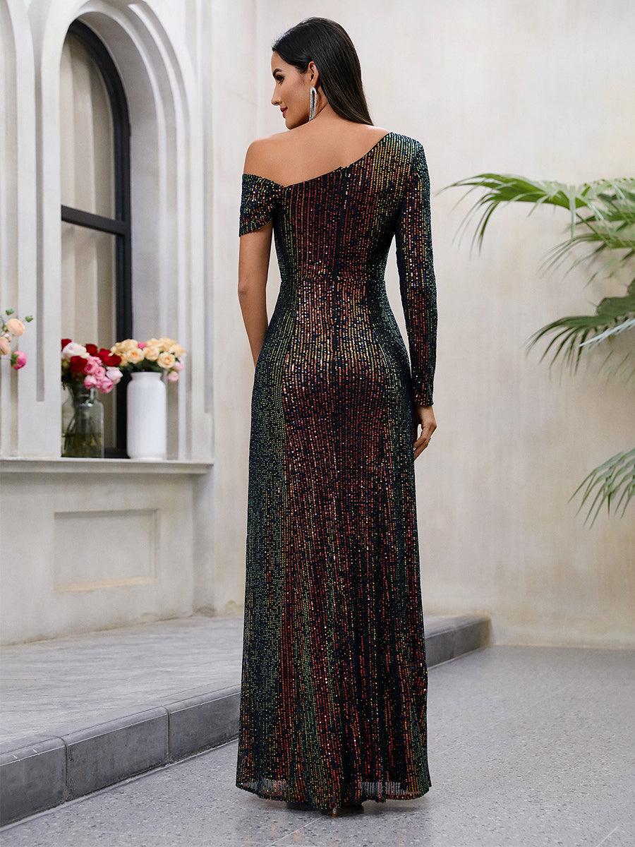 One Shoulder Glitter Ruched Prom Dress MCW1008