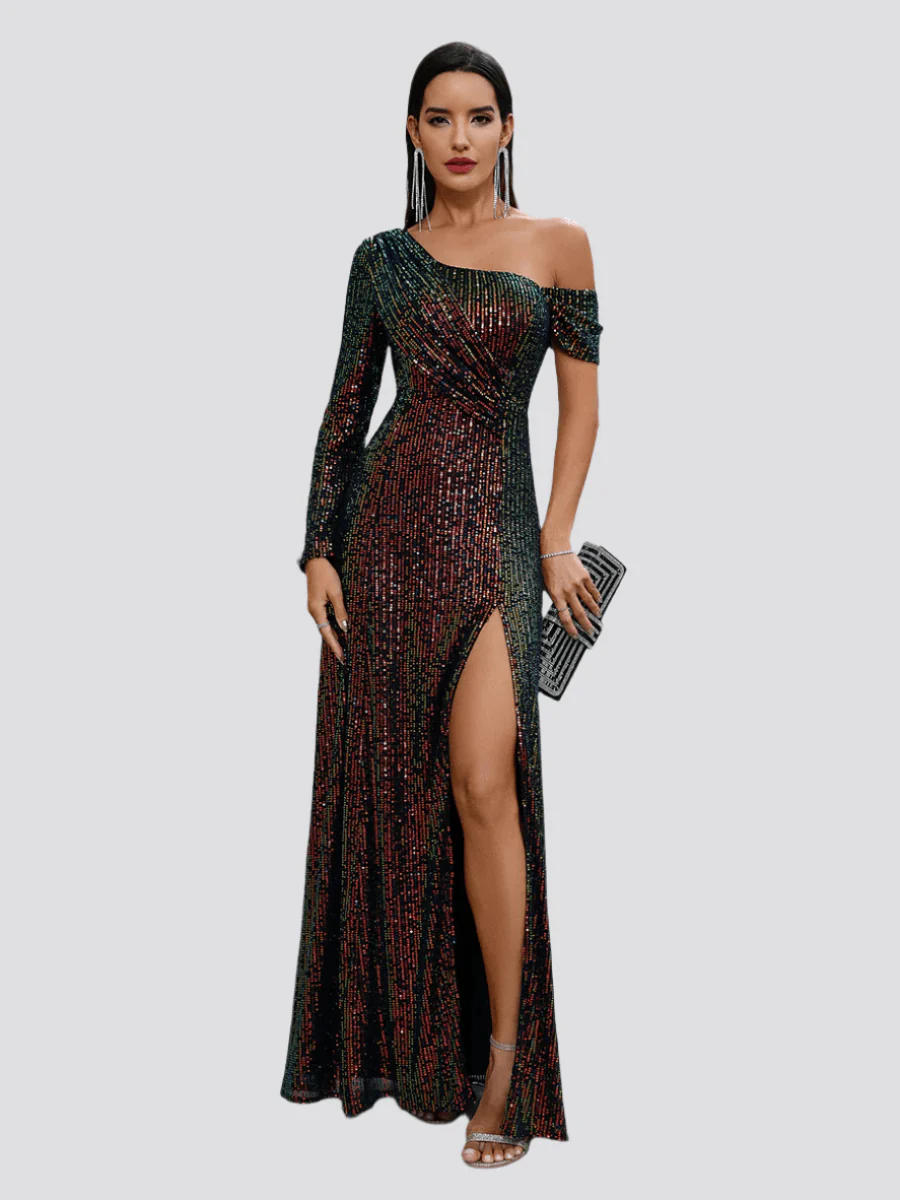 One Shoulder Glitter Ruched Prom Dress MCW1008