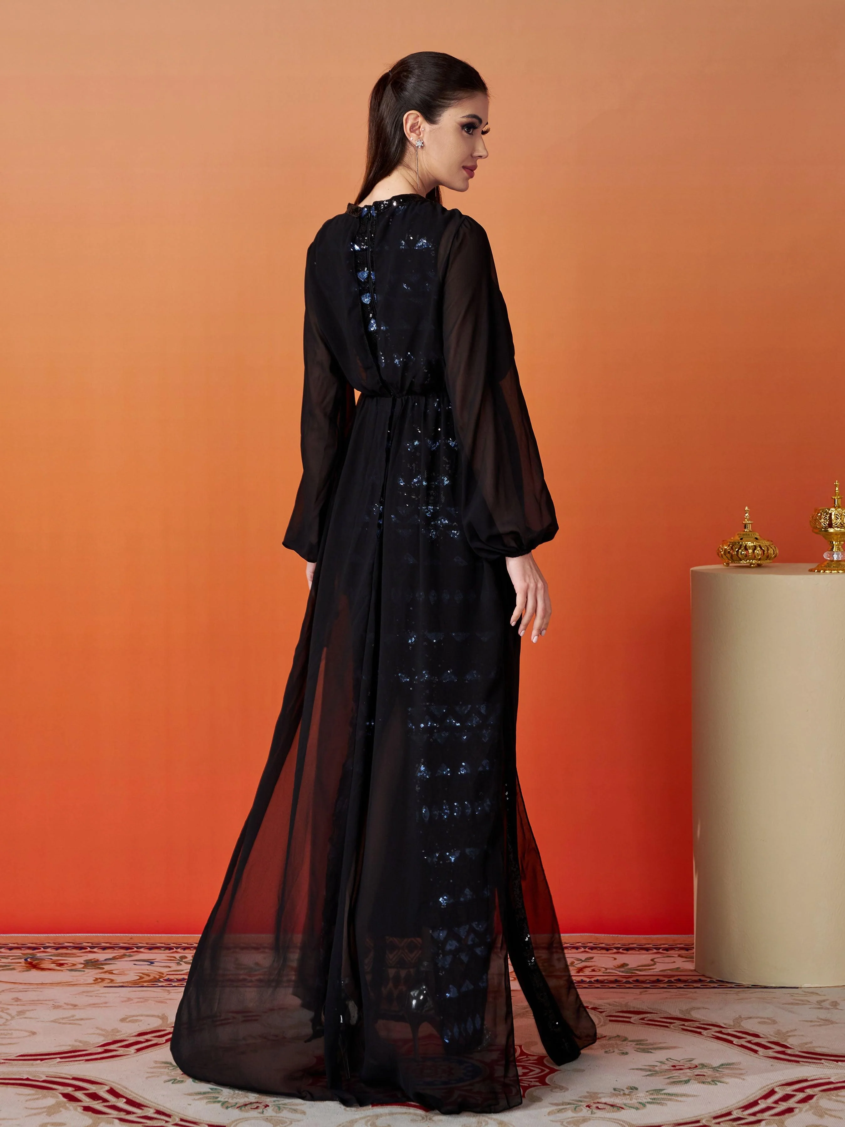 Puff Sleeve Panel Geometric Sequin Dress RJ10532