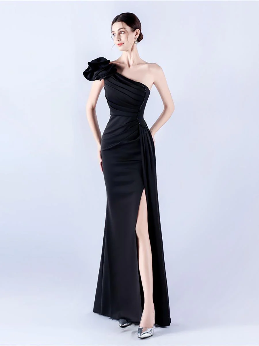 One Shoulder Flower Pleated Draped Prom Dress MYN1002