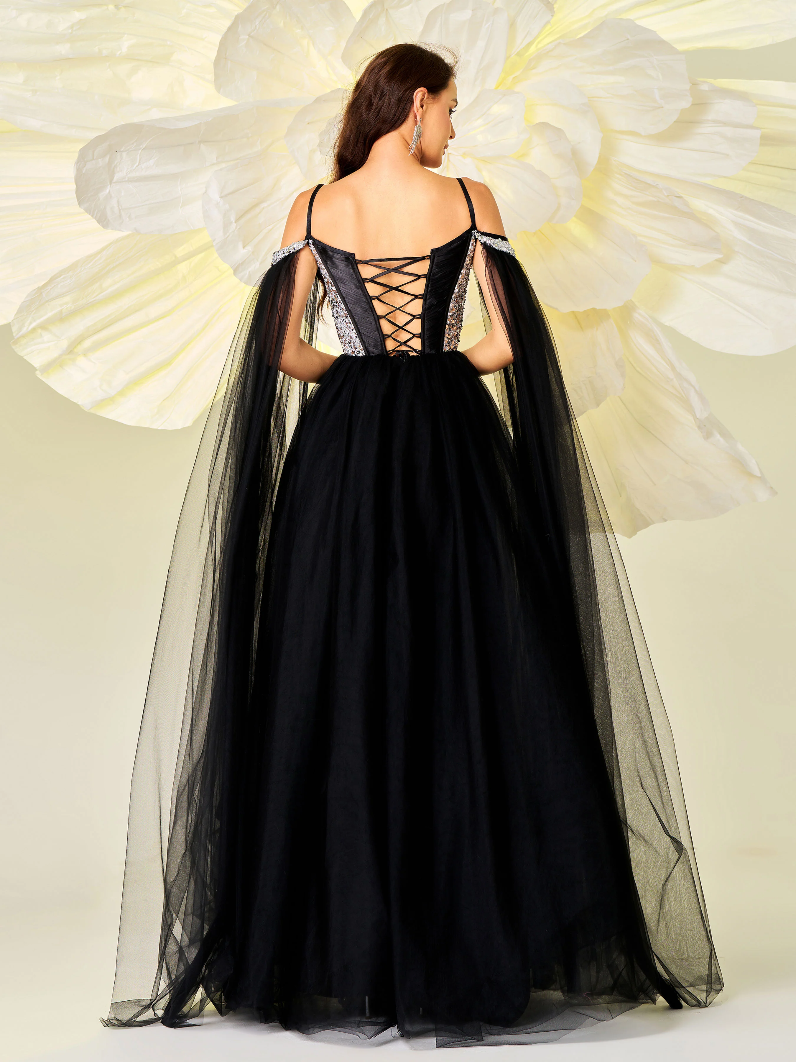 Black Mesh Corset Panel Evening Dress DH80102