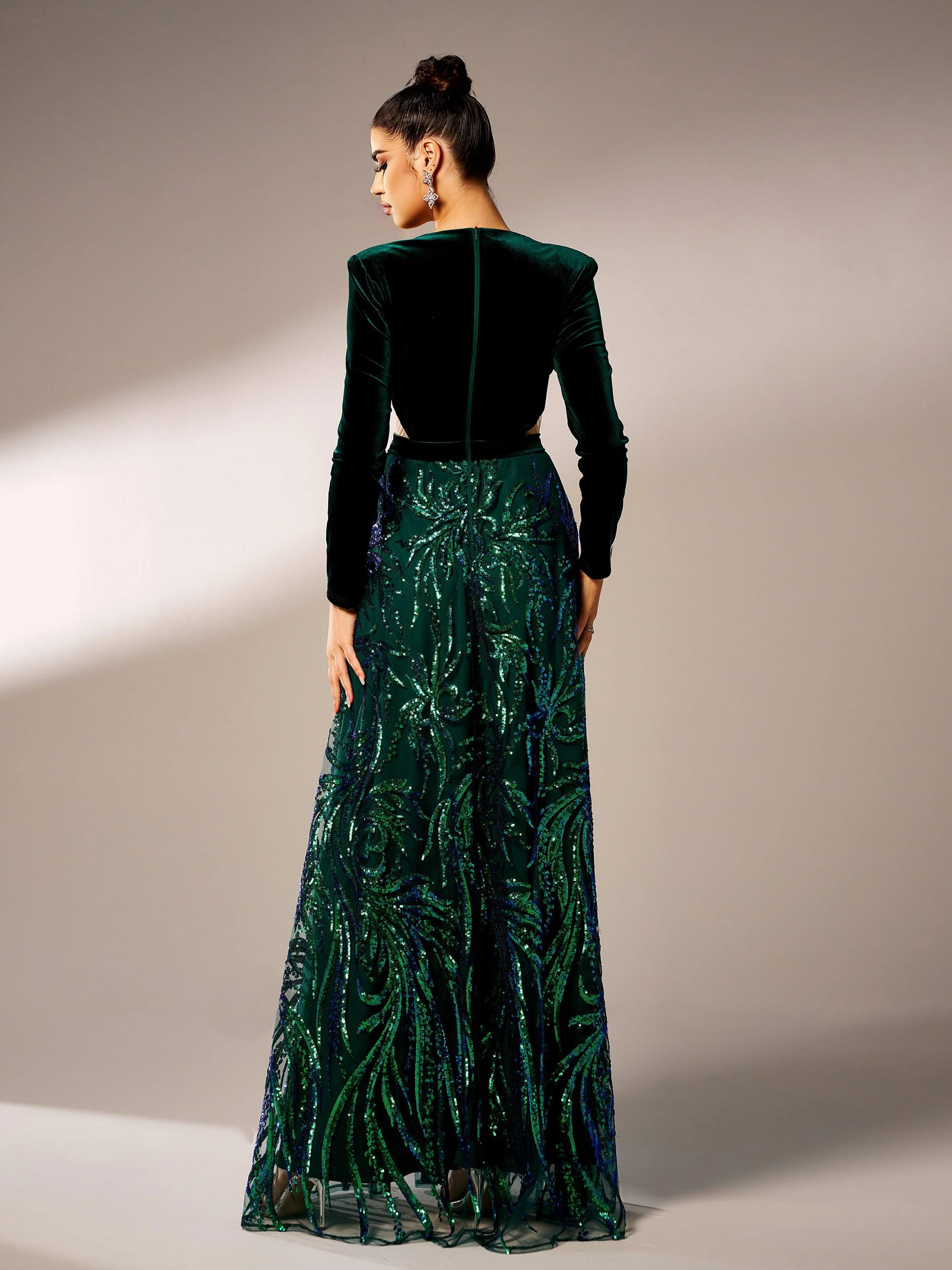 Long Sleeve Cutout Sequin A-line Formal Dress GZ60042