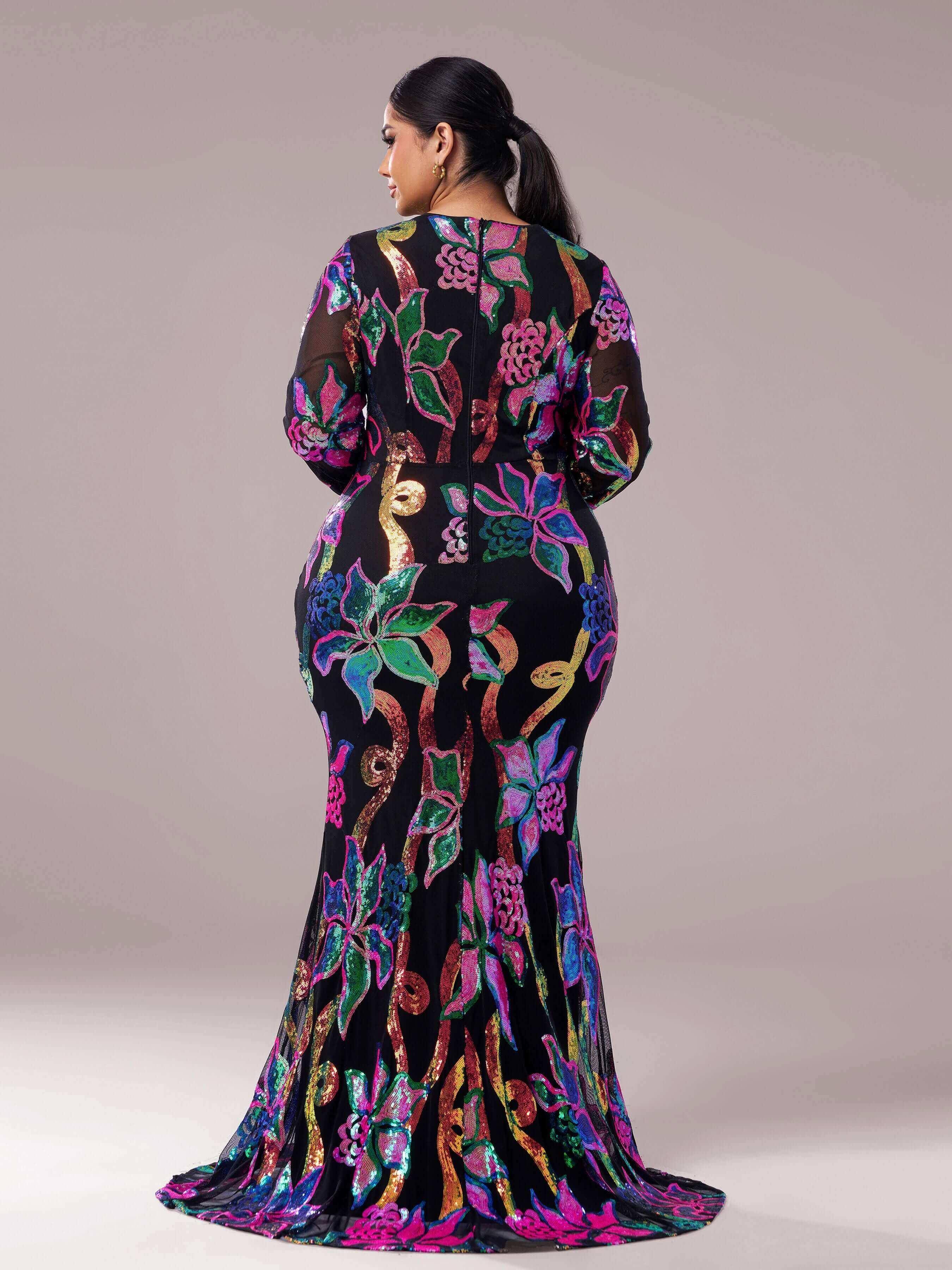 Plus Sequin Graphic Cutout Corset Prom Dress PDH80214