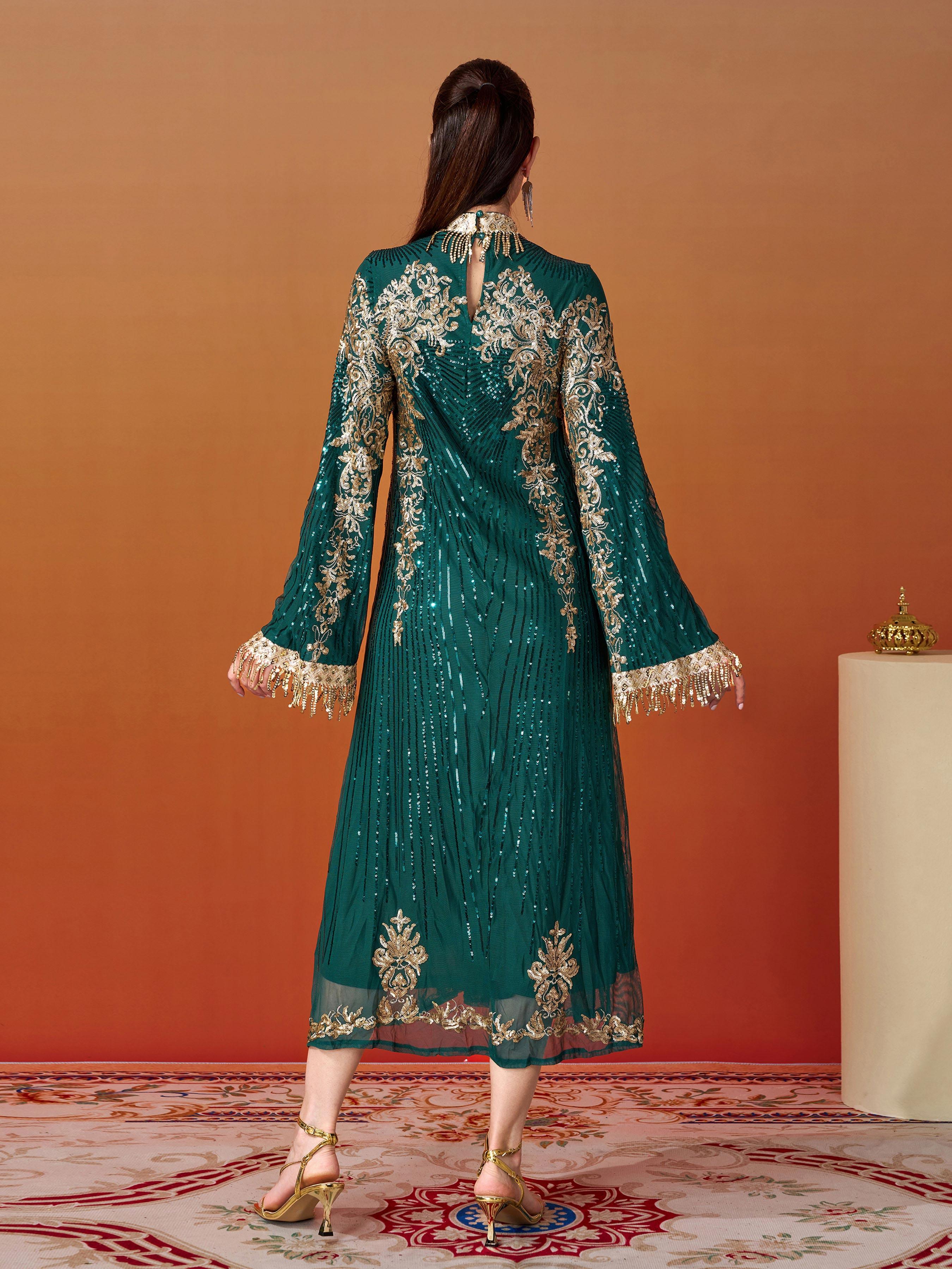 Stand Collar Bell Sleeve Sequin Dress MES00344