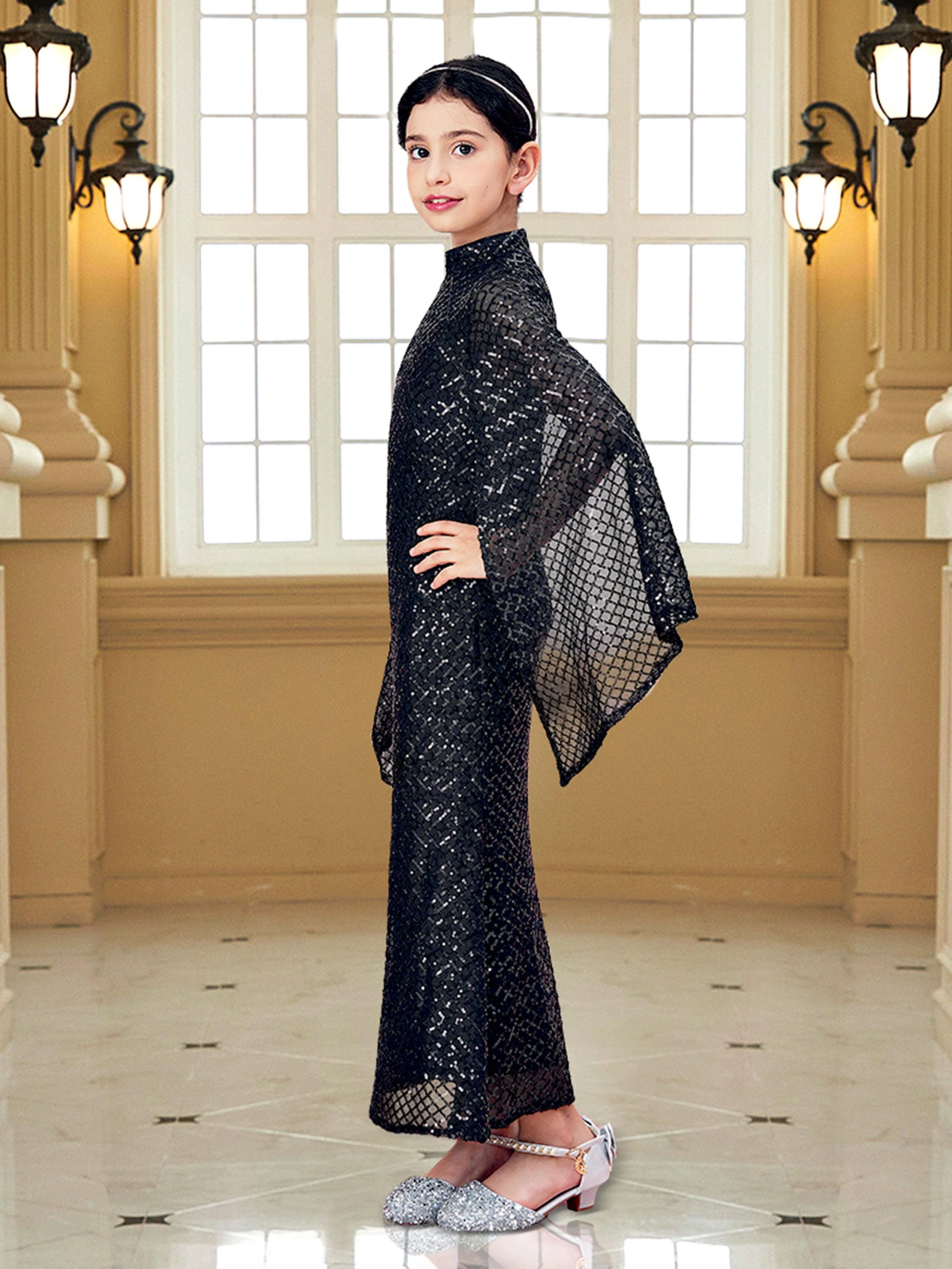 Teen Girl Cape Sleeve Black Dress CXJ1263