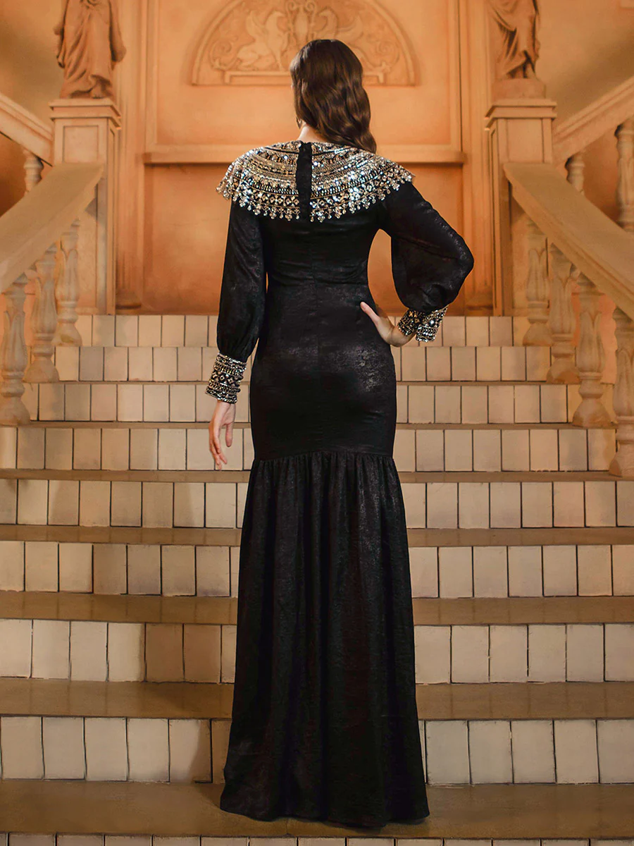 Sequin Cape Collar Black Muslim Dress MES72143