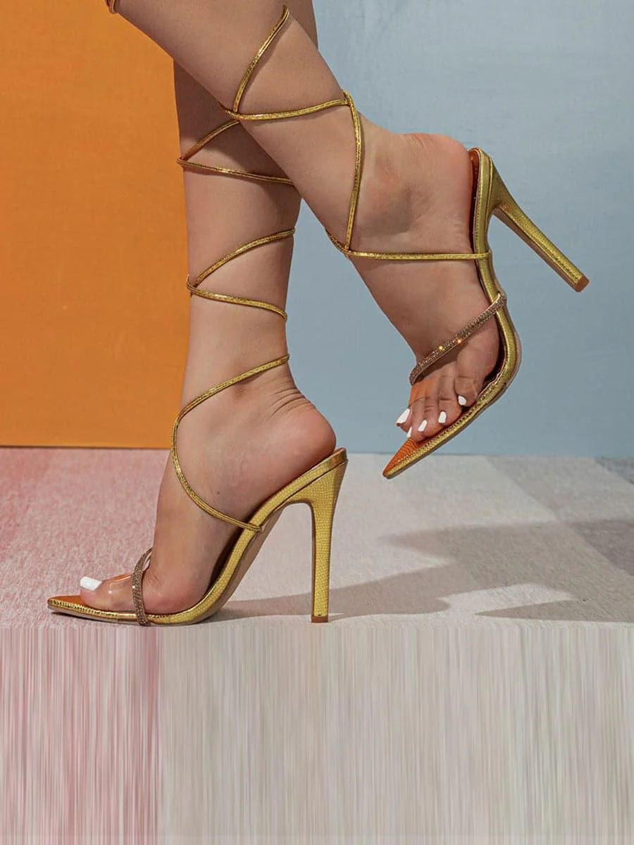 Inlay Stone Cross Straps Pointy Thin High Heel Sandals MHE1054