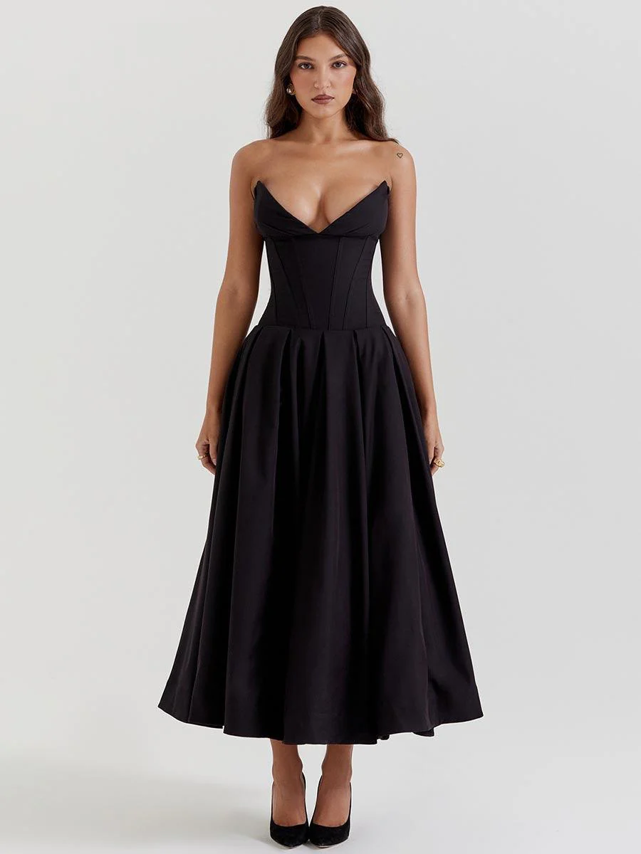 Black Corset Strapless A-line Prom Dress MYC1010