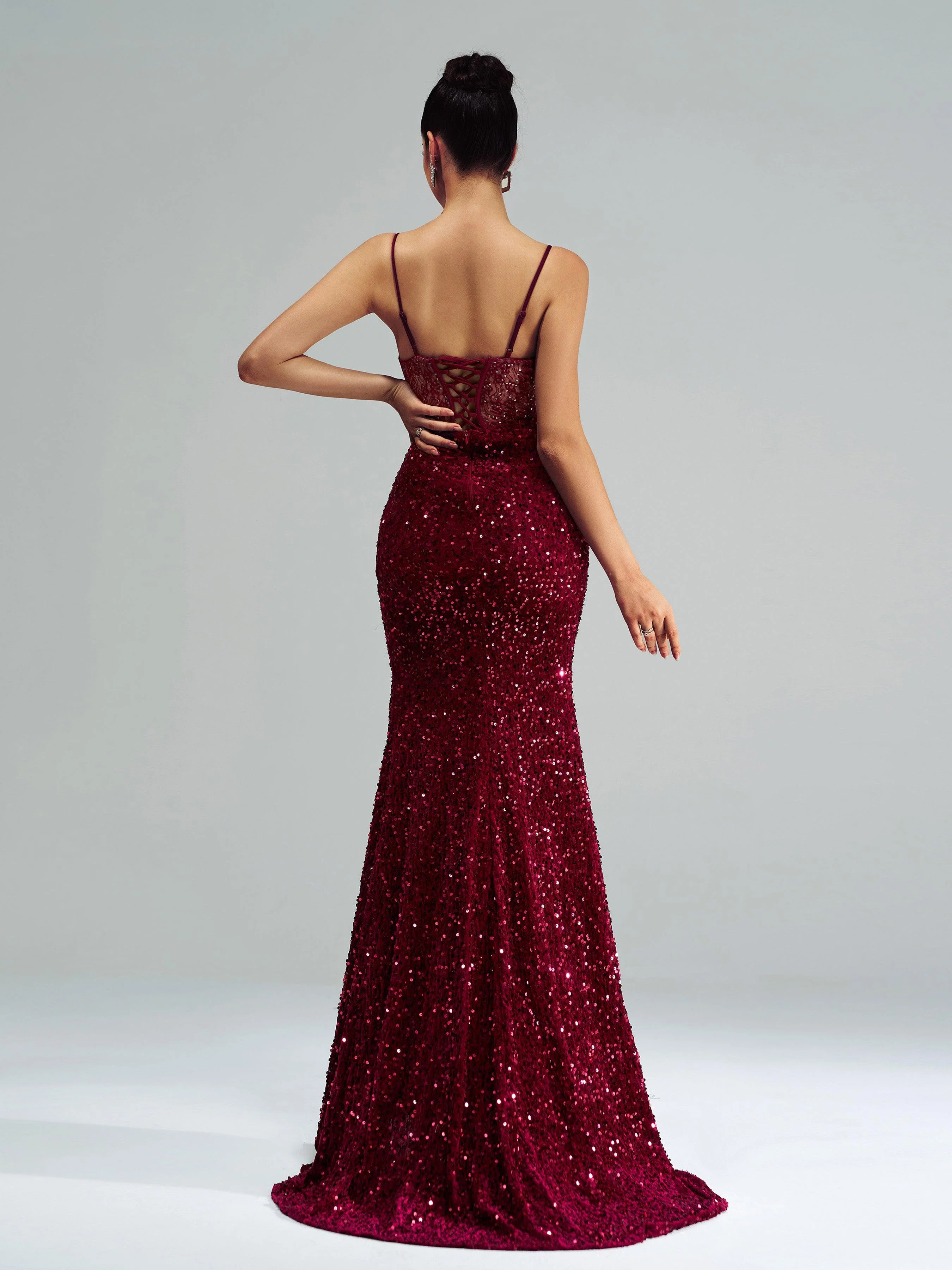 Corset Ruched Lace Slit Prom Dress RJ11989