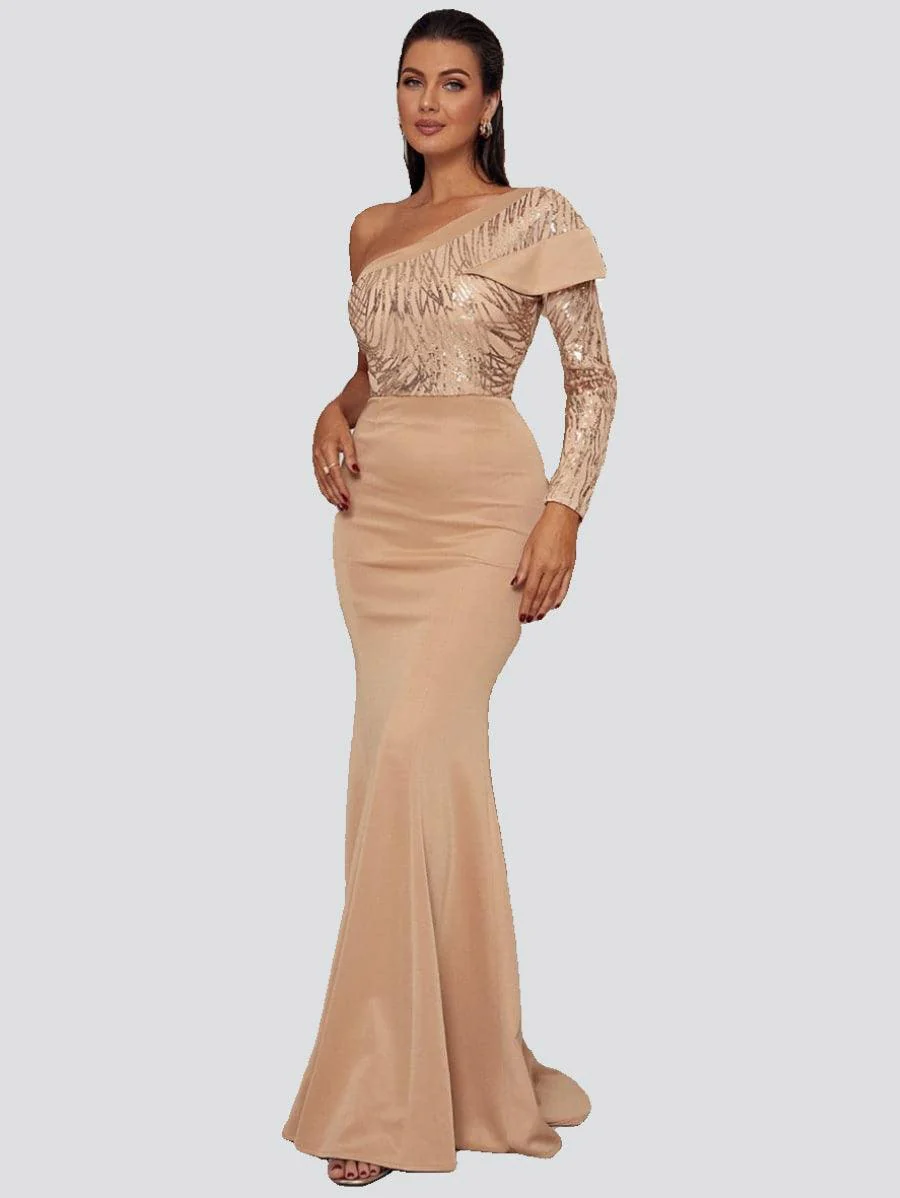 Formal One Shoulder Knit Apricot Dress XJ1548