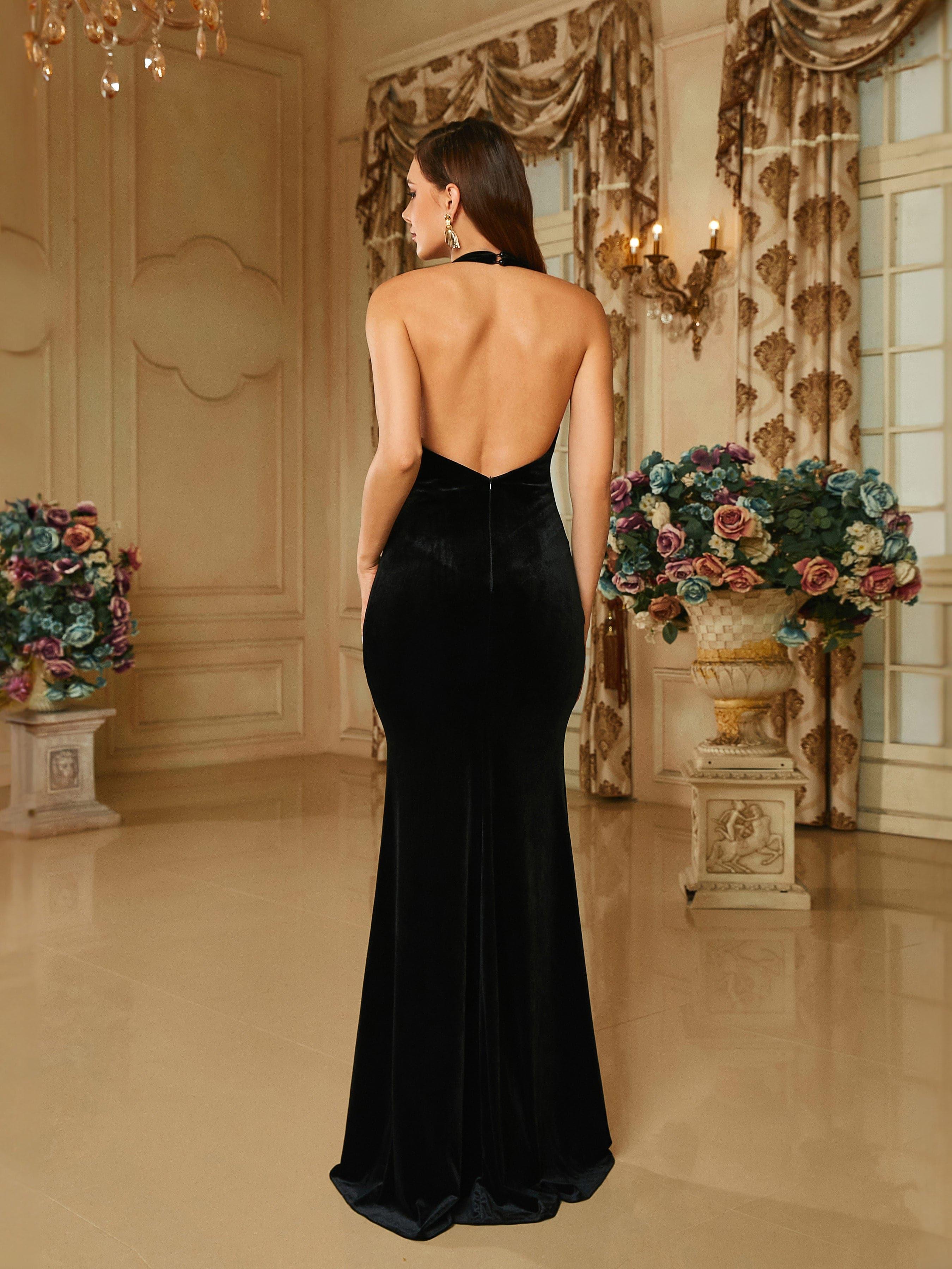Deep V-Neck Halter Velvet Black Evening Dress RJ10421