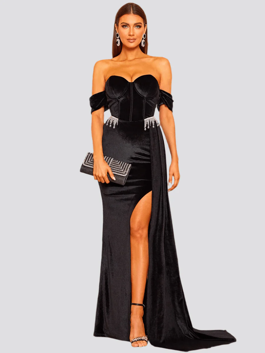Off Shoulder High Split Velvet Dress XH1779