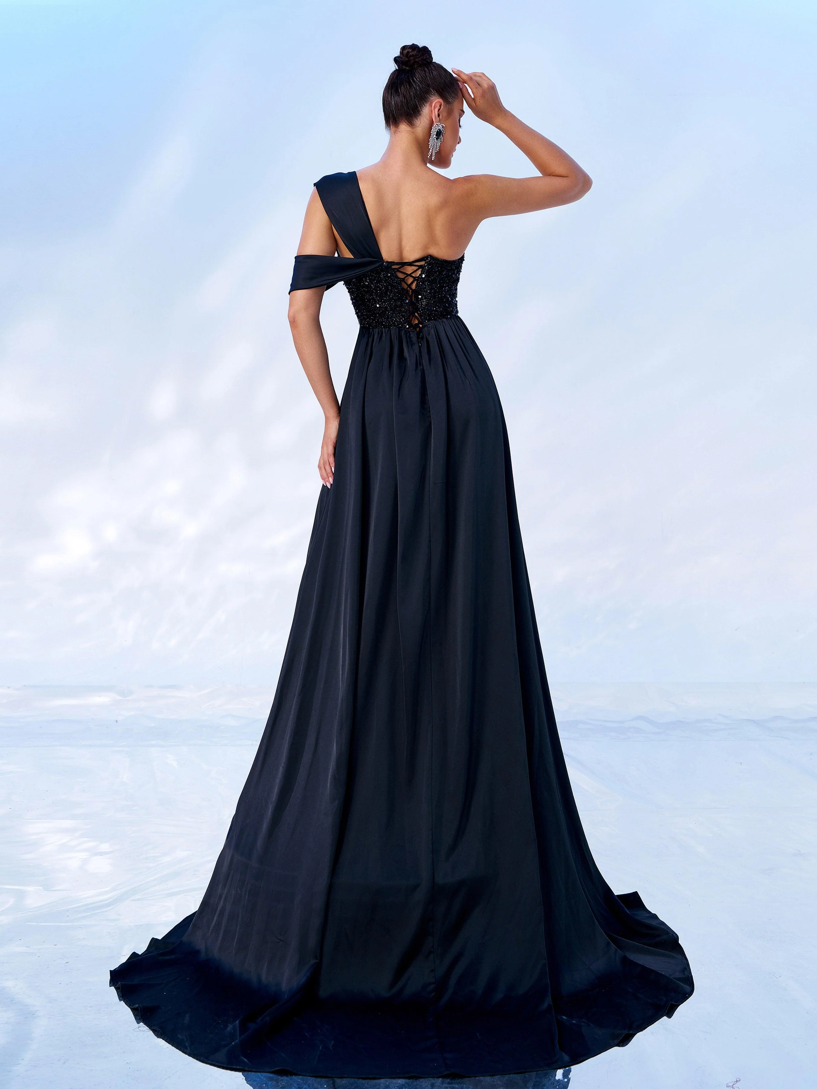 Black One Shoulder Corset Backless Evening dress RJ2004