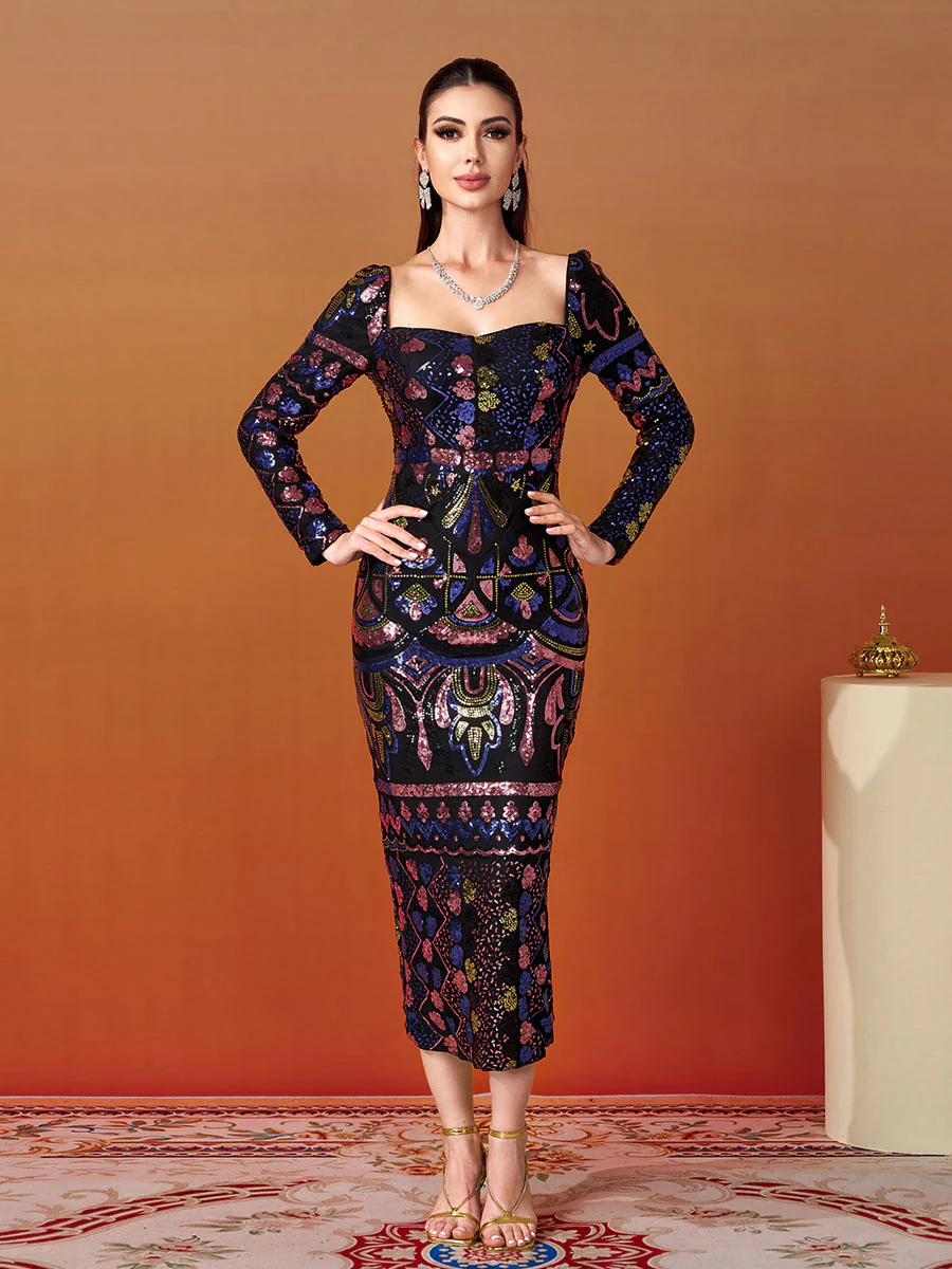 Square Neck Long Sleeve Split Sequin Dress RM20830