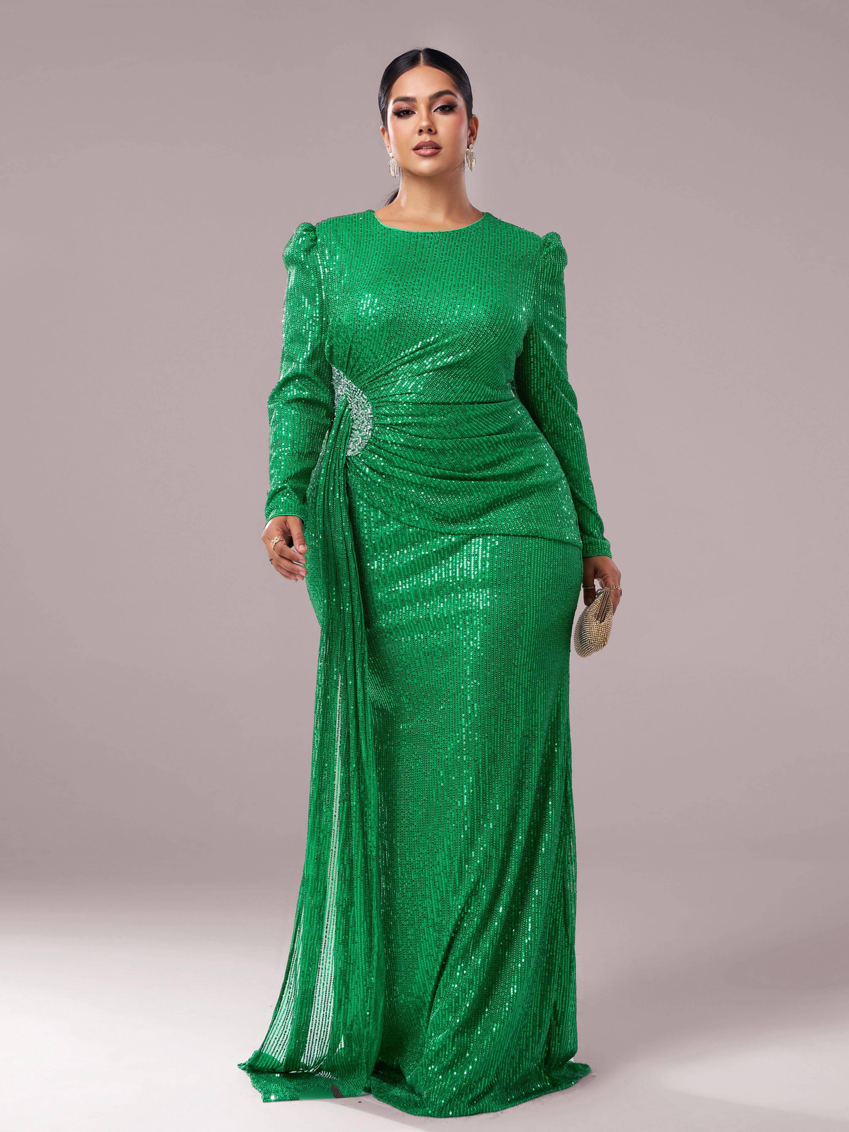 Plus Full Cover Ribbon Glitter Formal Dress PRJ11134