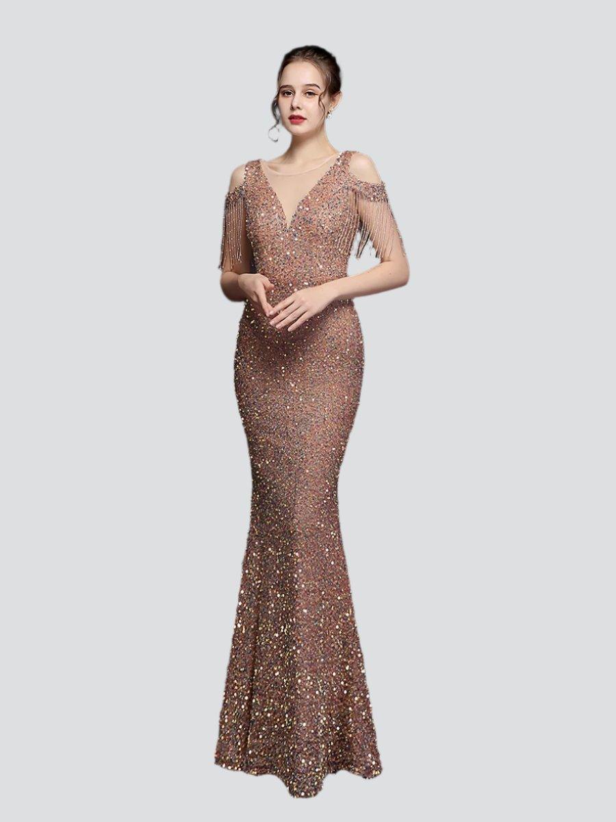 Fringed Cold Shoulder Sequin Cocktail Dress MCW1134