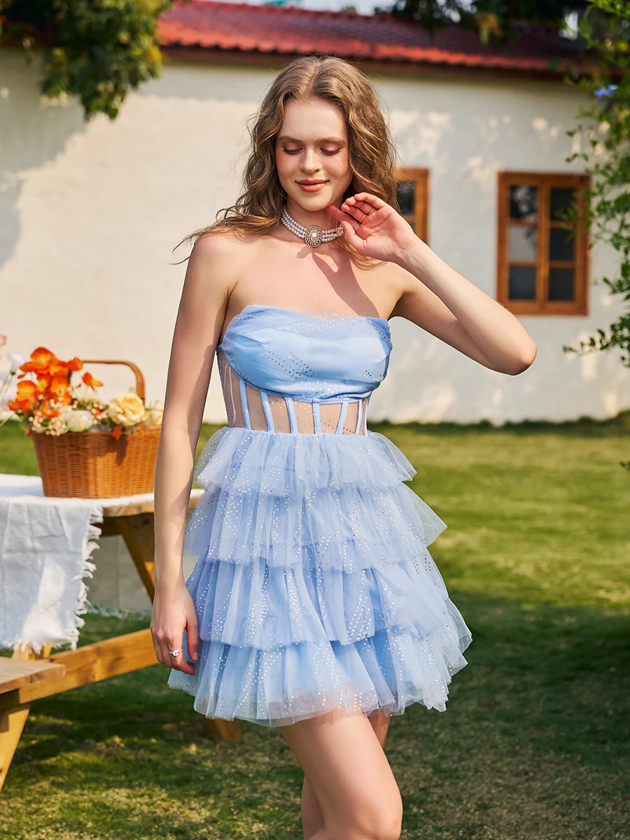 Sweet Layer Corset Mesh A-line Homecoming Dress QM1006
