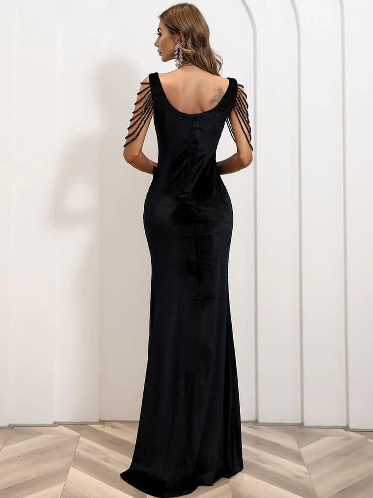 Shouder Chain Split Velvet Prom Dress M01298