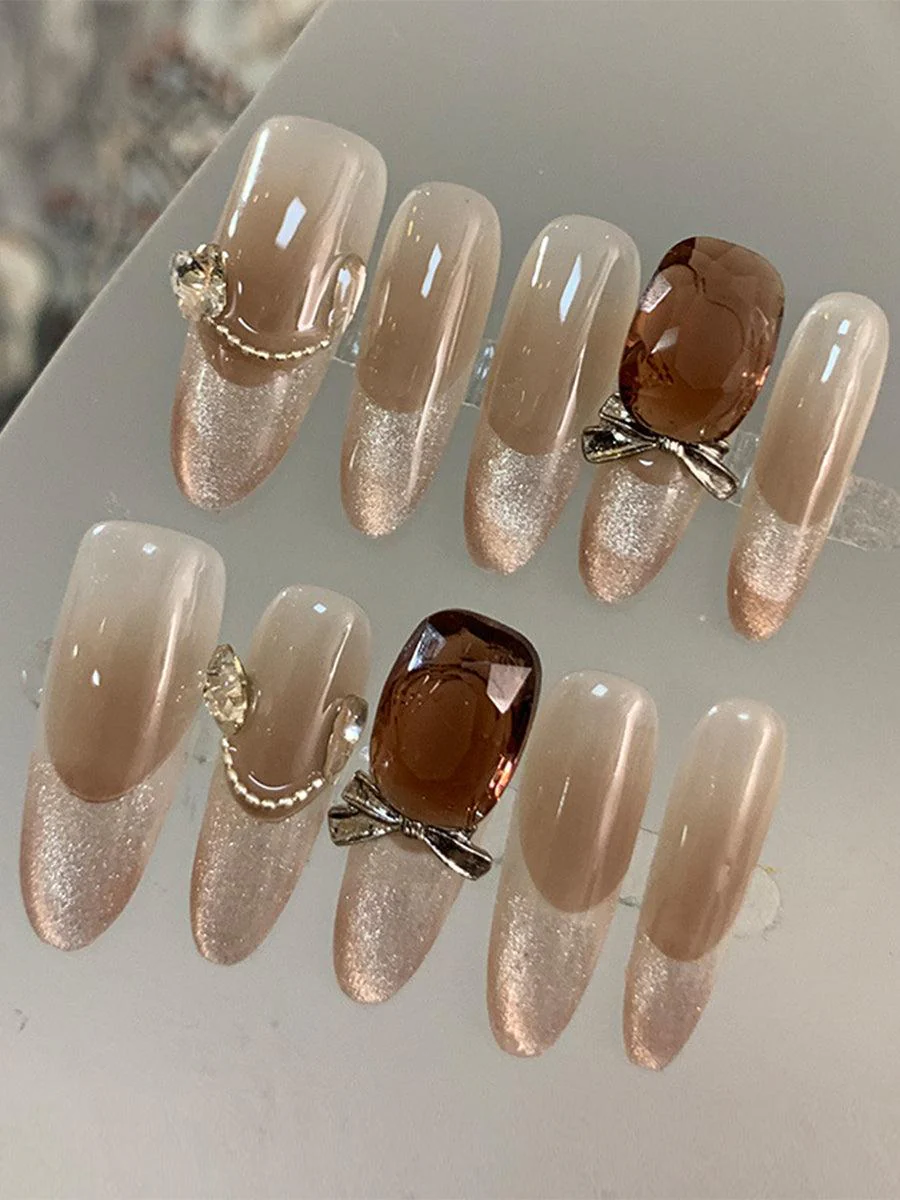 Bow Diamond Glitter Brown Press On Nails LF377
