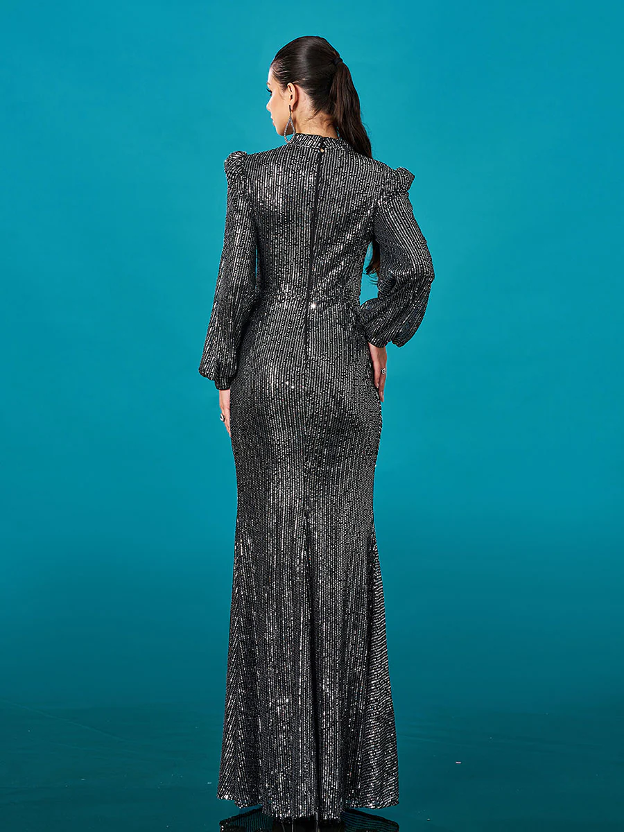 Long Sleeve Folds Solid Sequin Formal Dress DH80421